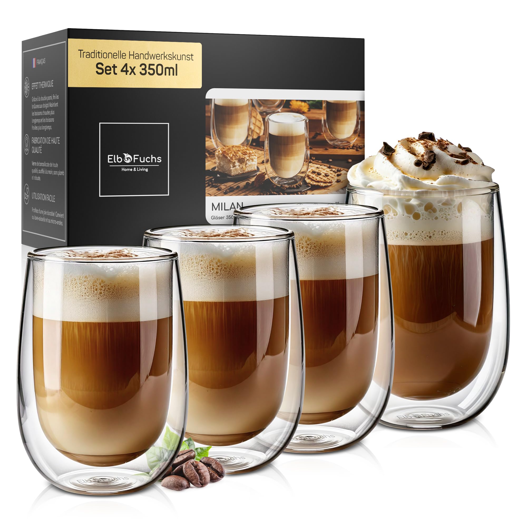 ElbFuchs® Doppelwandige Latte Macchiato Gläser Set [4x 350ml in GASTRO-QUALITÄT] Kristallklare Thermogläser doppelwandig | Ideal als Cappuccino Gläser | Kaffeegläser | Teegläser