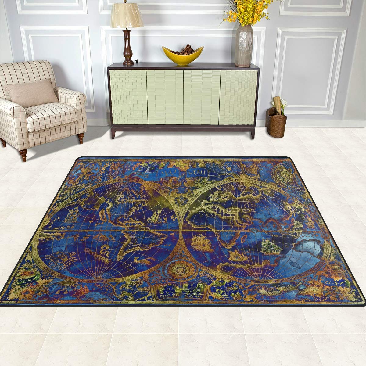 Alfombra de área grande 160 x 122 cm, diseño de mapa del Atlas del mundo, color azul