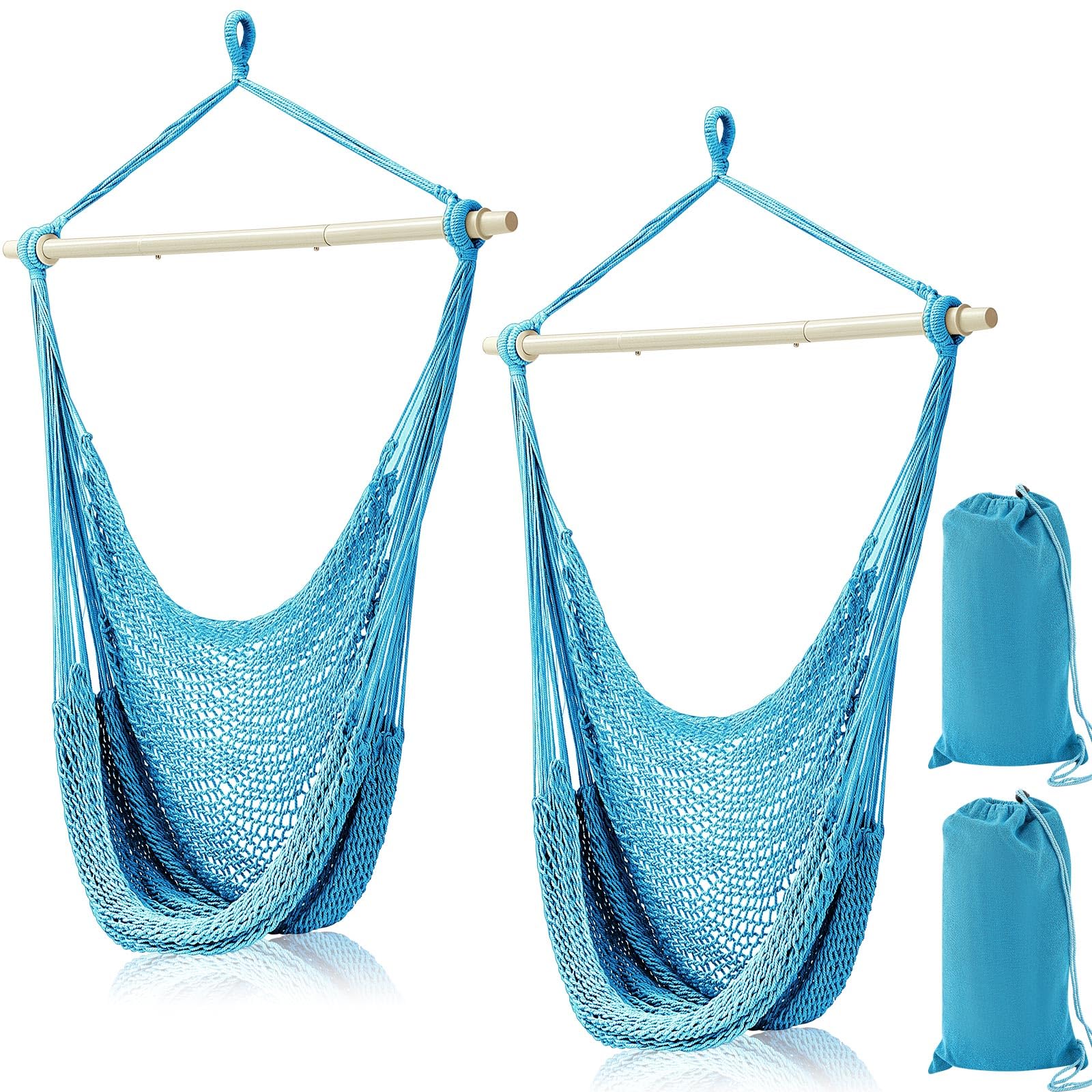 Barydat 2 Pcs Hanging Hammock Chair Boho Swing Chair Indoor Outdoor Cotton Rope Weaving Chair with 40 Inch Detachable Metal Bars for Backyard Living