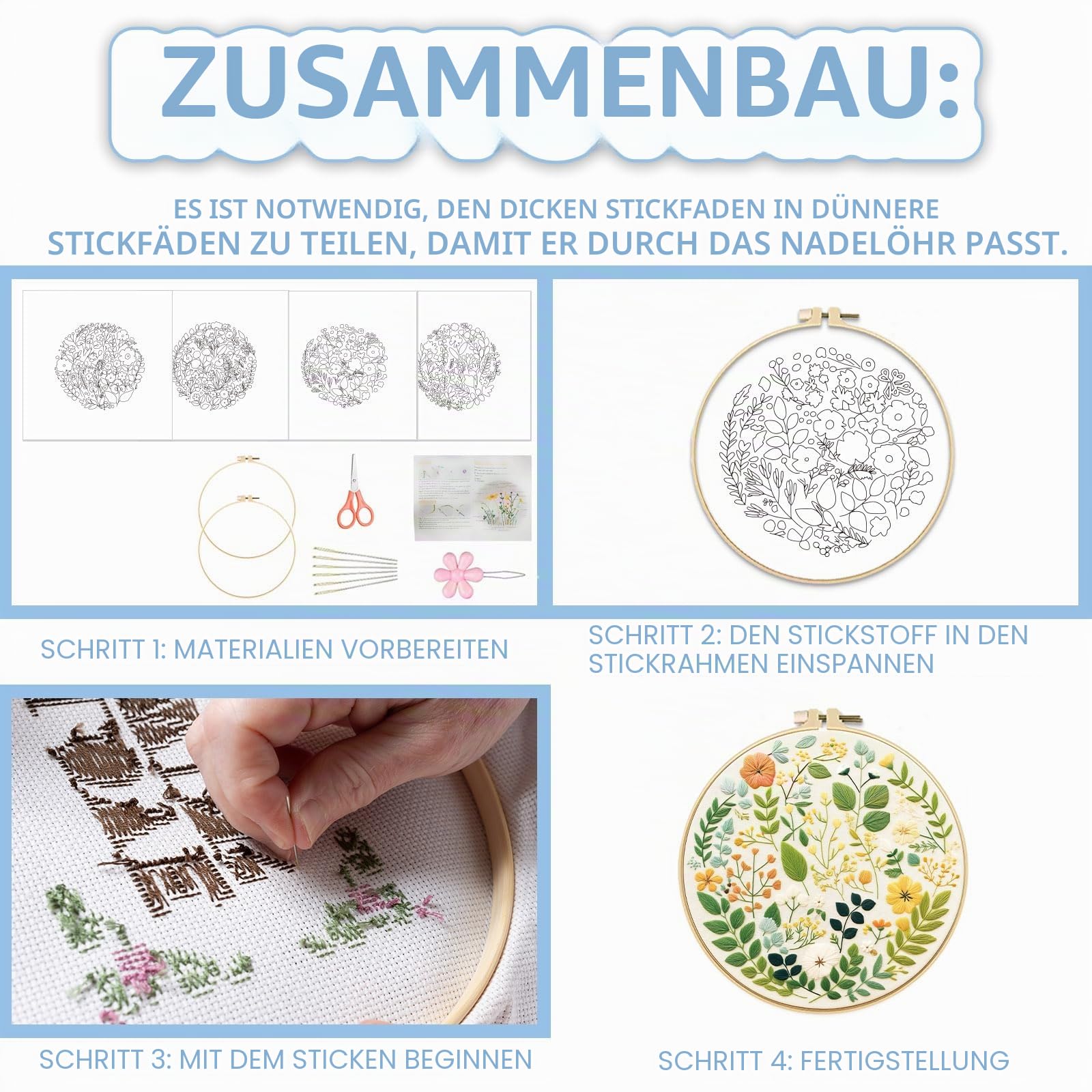 FREEBLOSS 5 Set Mit 11.6" Sticksets Für Anfänger Nadelspitzen Stickerei Starter Set Mit Kleinen Gestempelten Blumenmustern Anleitung Farbige Fäden 2 Reifen