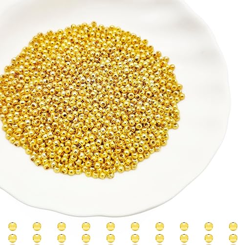 2000 cuentas espaciadoras de metal de 0.099 pulgadas (0.094 in) chapadas metálicas, cuentas redondas lisas, redondas y sueltas, cuentas de tapón