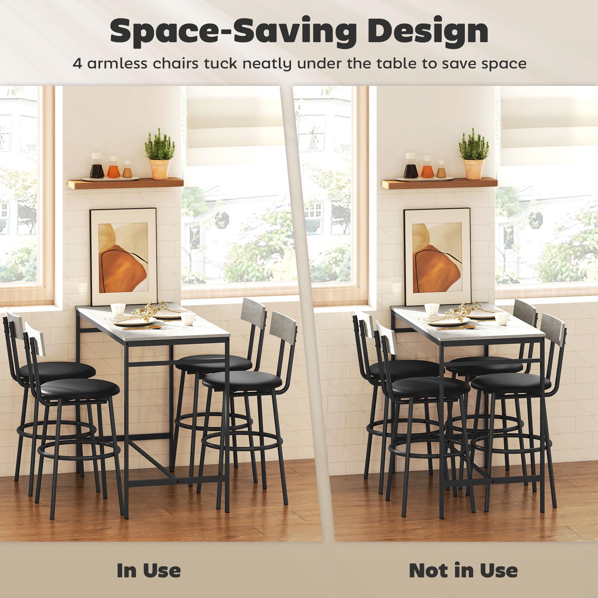 HOMCOM Juego de Mesa de Bar con 4 taburetes con tapicería de Cuero de PU, sillas de Bar y Cocina Que ahorran Espacio con Patas de Acero, Estilo Moderno, Mesa Alta con taburetes para el hogar Comedor