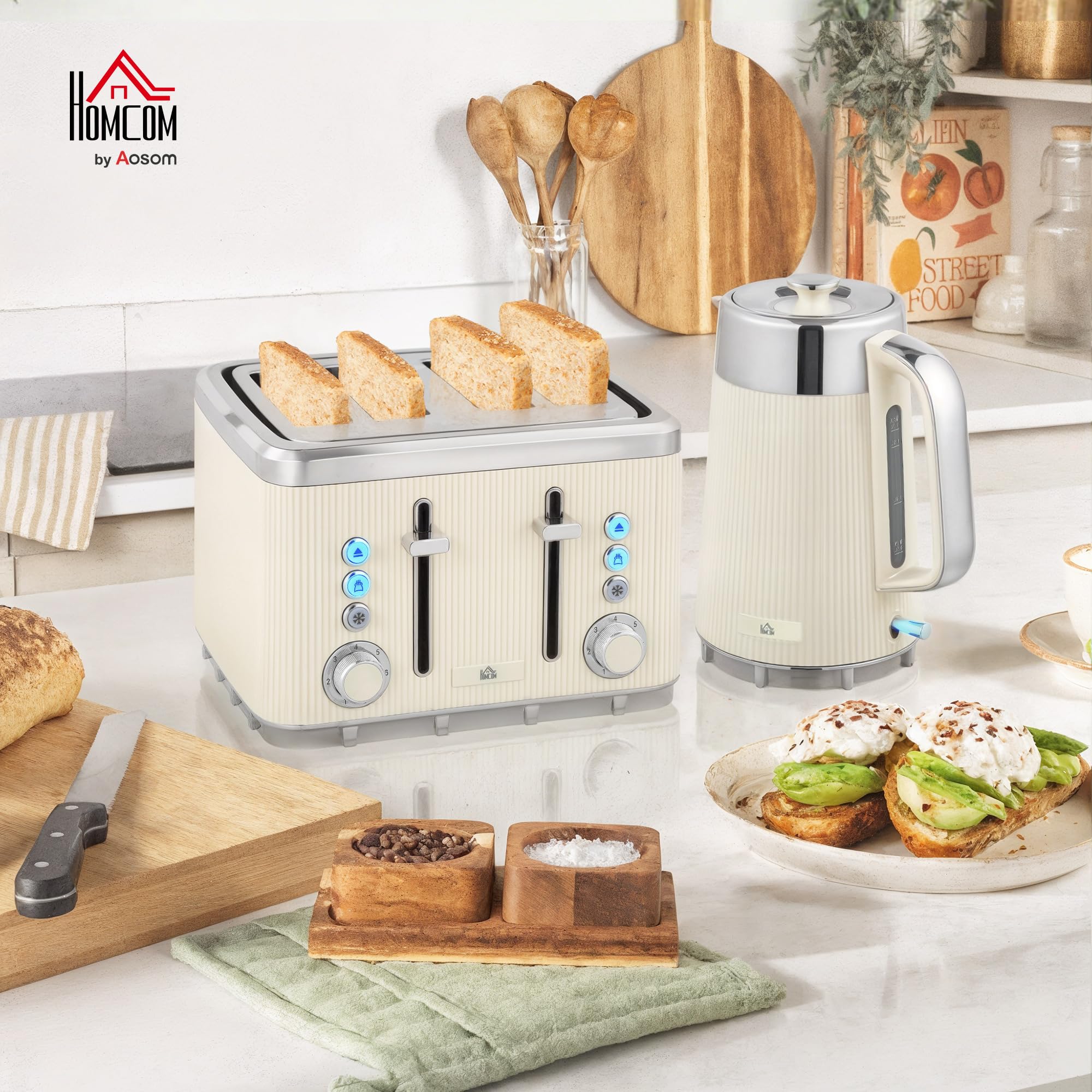 Ensemble bouilloire et grille-pain HOMCOM Bouilloire rapide 1,7 L 2200 W avec intérieur en acier inoxydable, filtre anti-calcaire, boîtier refroidissant, thermostat Grille-pain 4 tranches avec 7