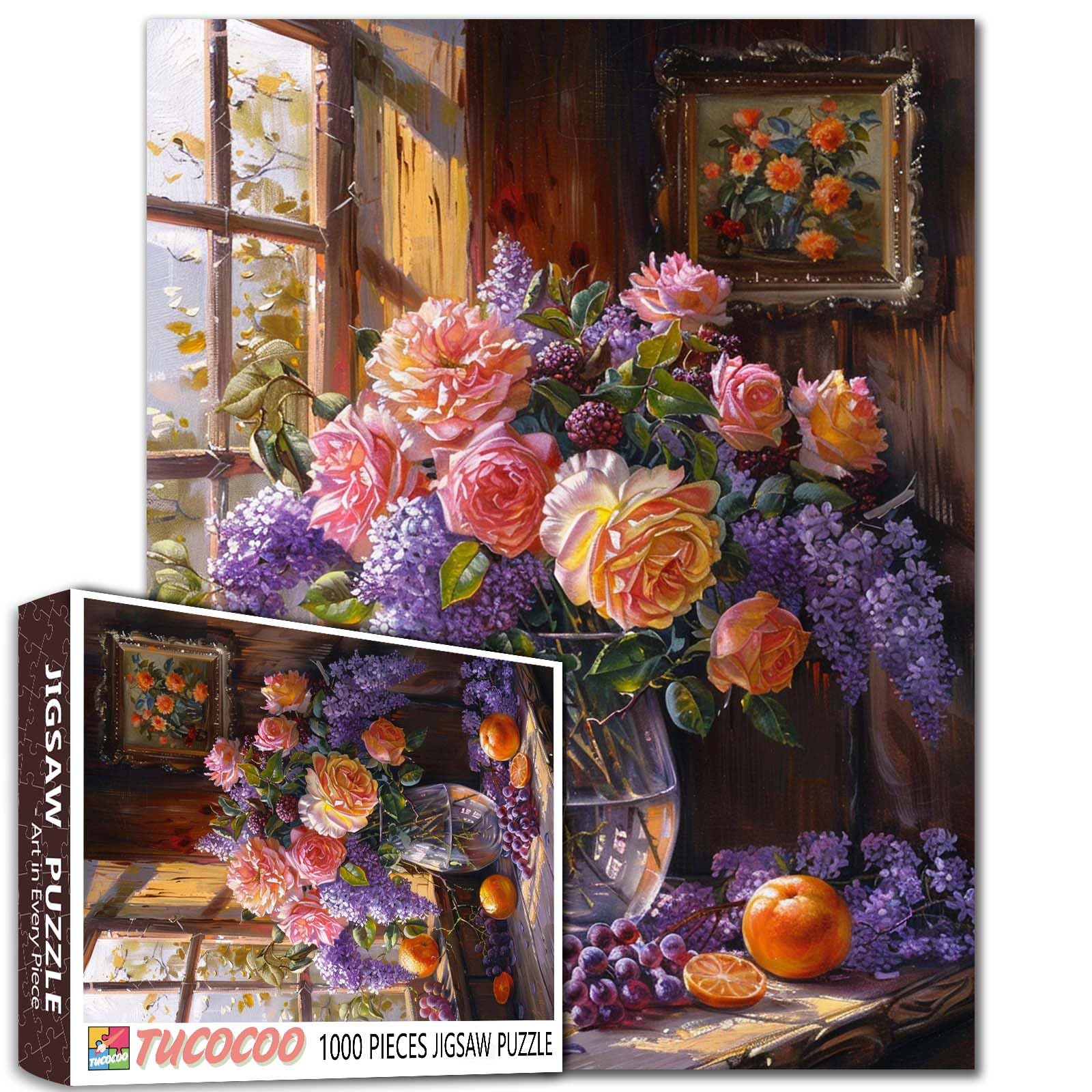 Retro kwiatowa martwa natura, 1000 elementów, puzzle dla dorosłych, studentów, vintage, róże, bzy, piwonie, hortensje, scena stołowa, sztuka, dekoracja, puzzle, rozmiar 50 x 60 cm, dekoracja ścienna