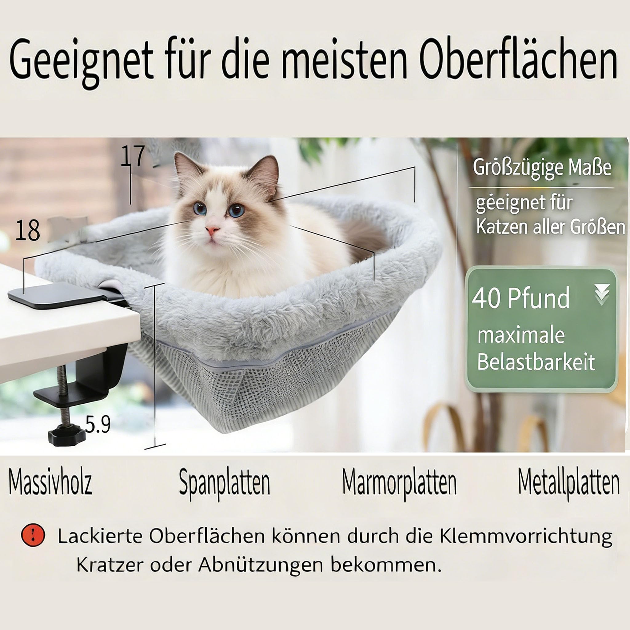 Katzenbett Für Schreibtisch, 360°Drehbar Katzen Schreibtisch Bett-Ohne Bohren, Katzenbett Schreibtischs– Platzsparend Klappbar (Nach Unten) Katzenhängematte, Winter & Sommer - Zu 22.5kg