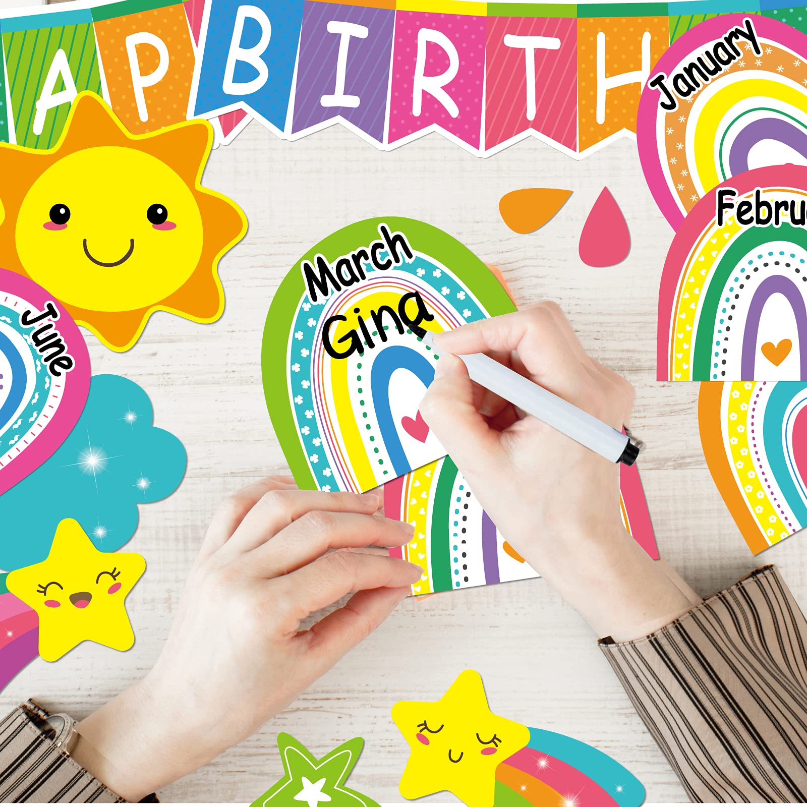 EAMAY Happy Birthday Bulletin Board Set - Classroom Decor With Month Cakes, Banners, Balloons (Rainbow)