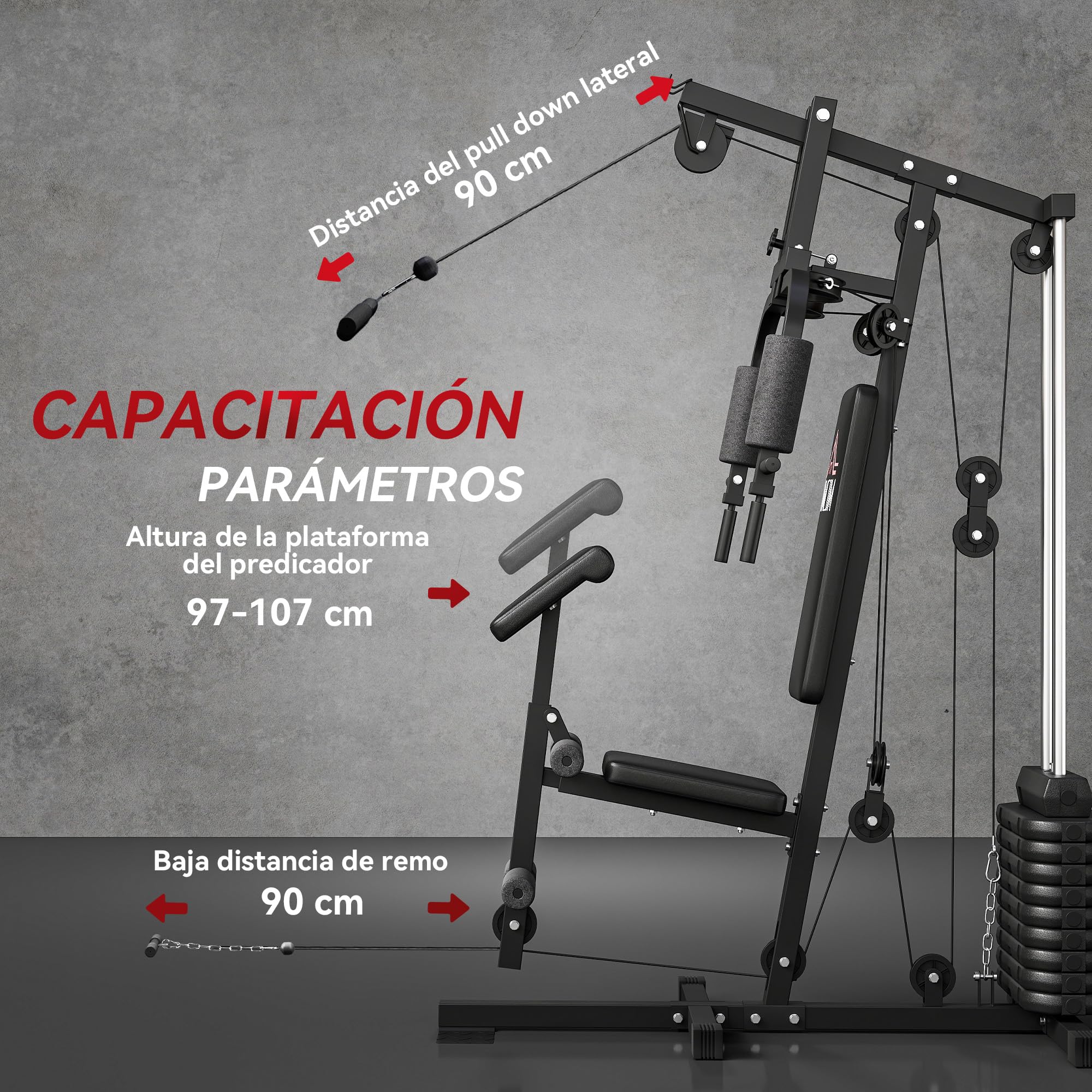 HOMCOM Multiestación Musculación, Máquina de Musculación con Prensa de Pecho, Placas de Peso de 45 kg, Curl de Piernas y Brazos, Polea Mariposa, Carga 100 kg, para Entrenamiento Casa Gimnasio, Negro