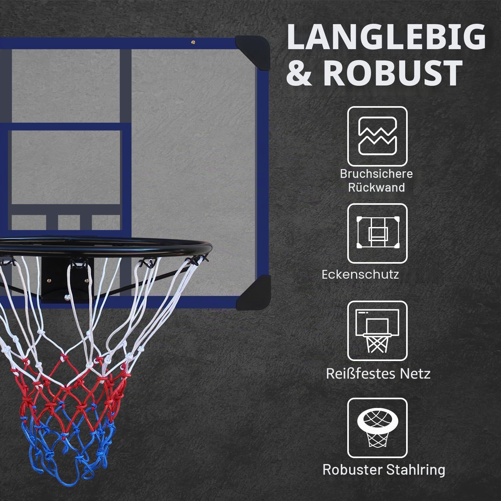 Basketballkorb zur Wandmontage 89 x 60 cm bruchsichere Rückseite faltbarer Reifen Allwetternetz
