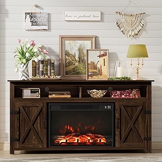 Furmax Farmhouse Fireplace TV Stand for TVs Up to 65 Inch Highboy Entertainment Center with Open Storage and Side Cabinets Rustic Media Console Table with Barn Doors for Living Room (Barnwood)