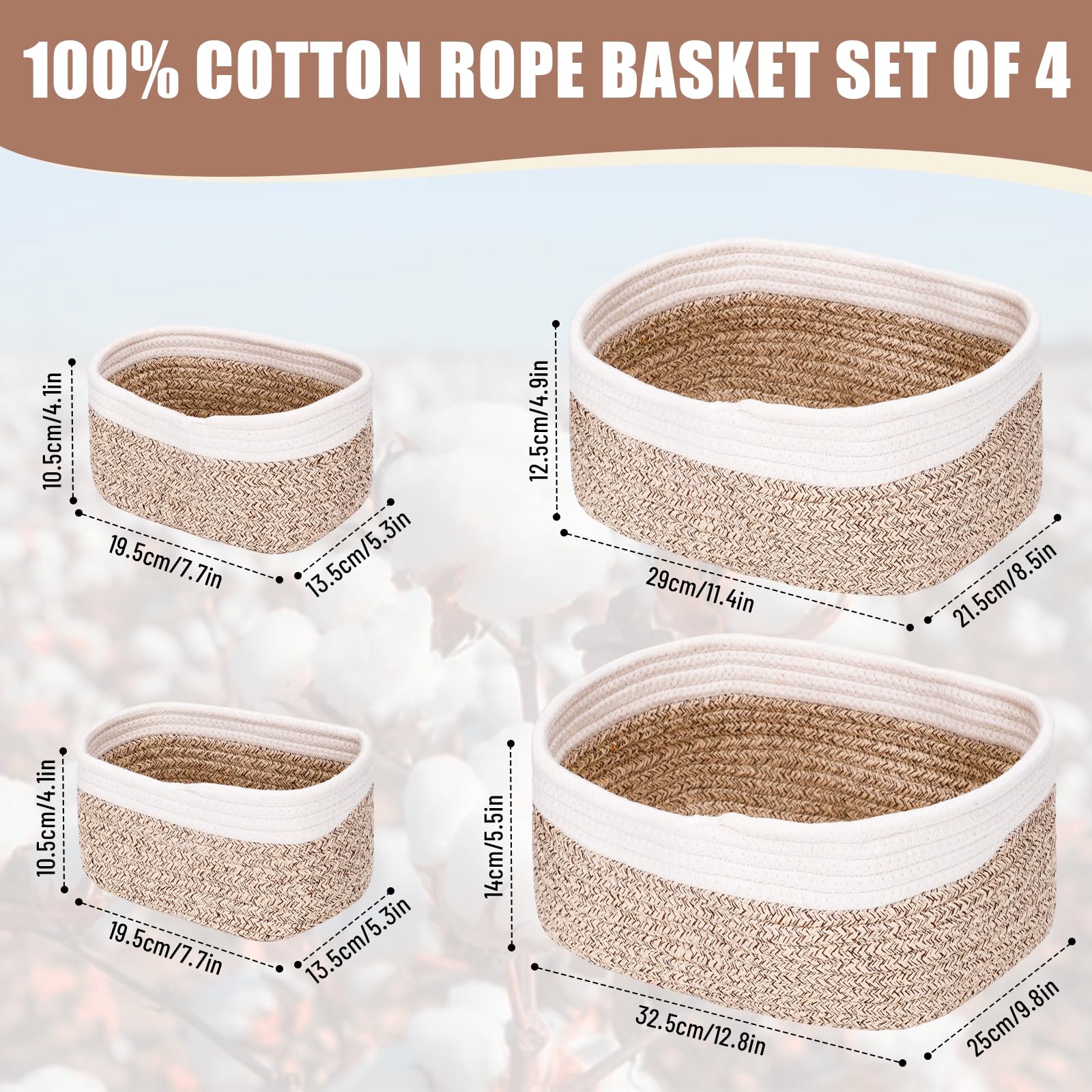 Lot de 4 paniers de rangement en corde de coton tressé – panier rangement salle de bain,Panier de Rangement empilables pour la salle de bain,la chambre d’enfant,les jouets et les cosmétiques