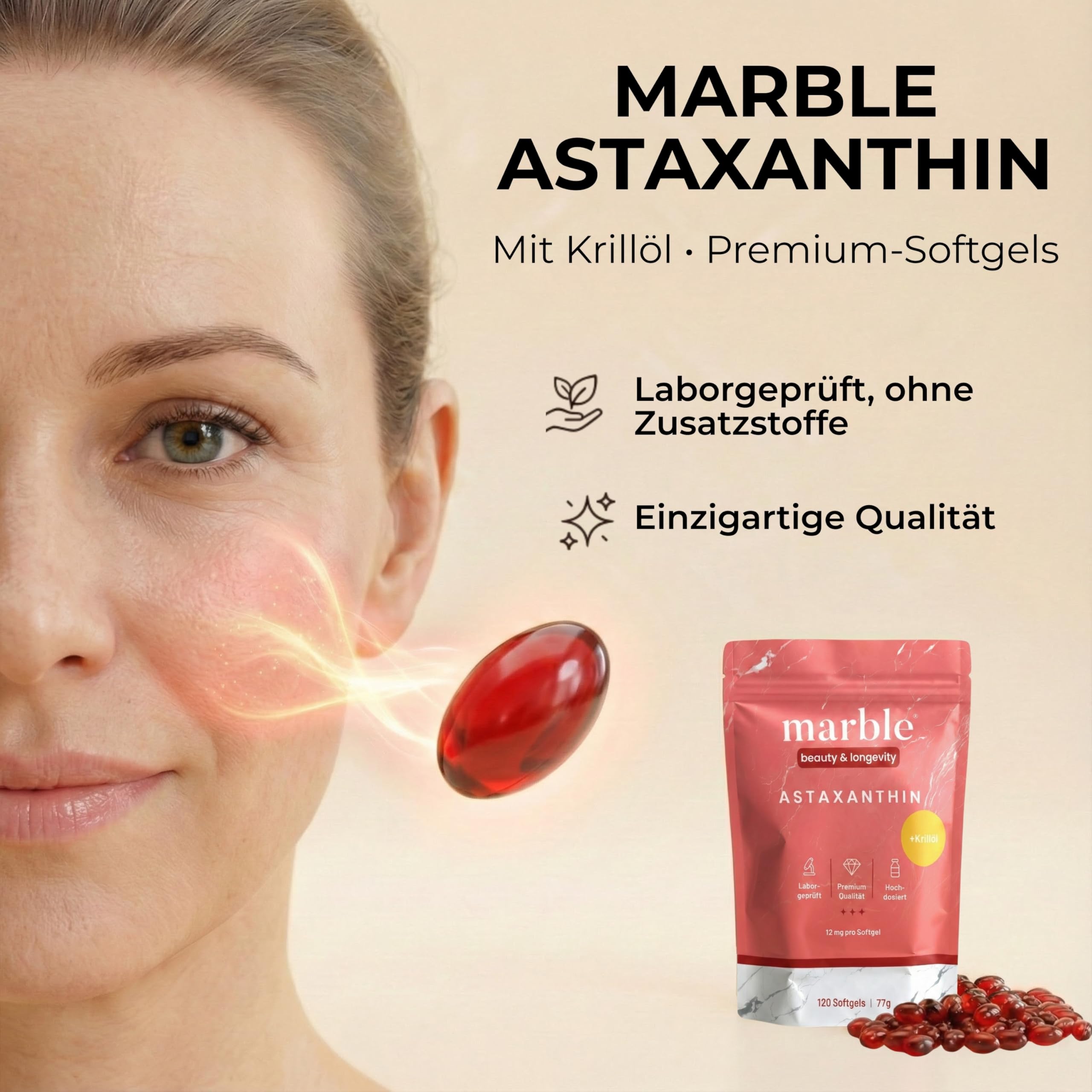 marble® Astaxanthin 12 mg + Krillöl, 120 Softgel-Kapseln – 4 Monatsvorrat – Astaxanthin hochdosiert aus Haematococcus Pluvialis Alge – laborgeprüft, Made in Germany – 30 Tage risikofrei testen