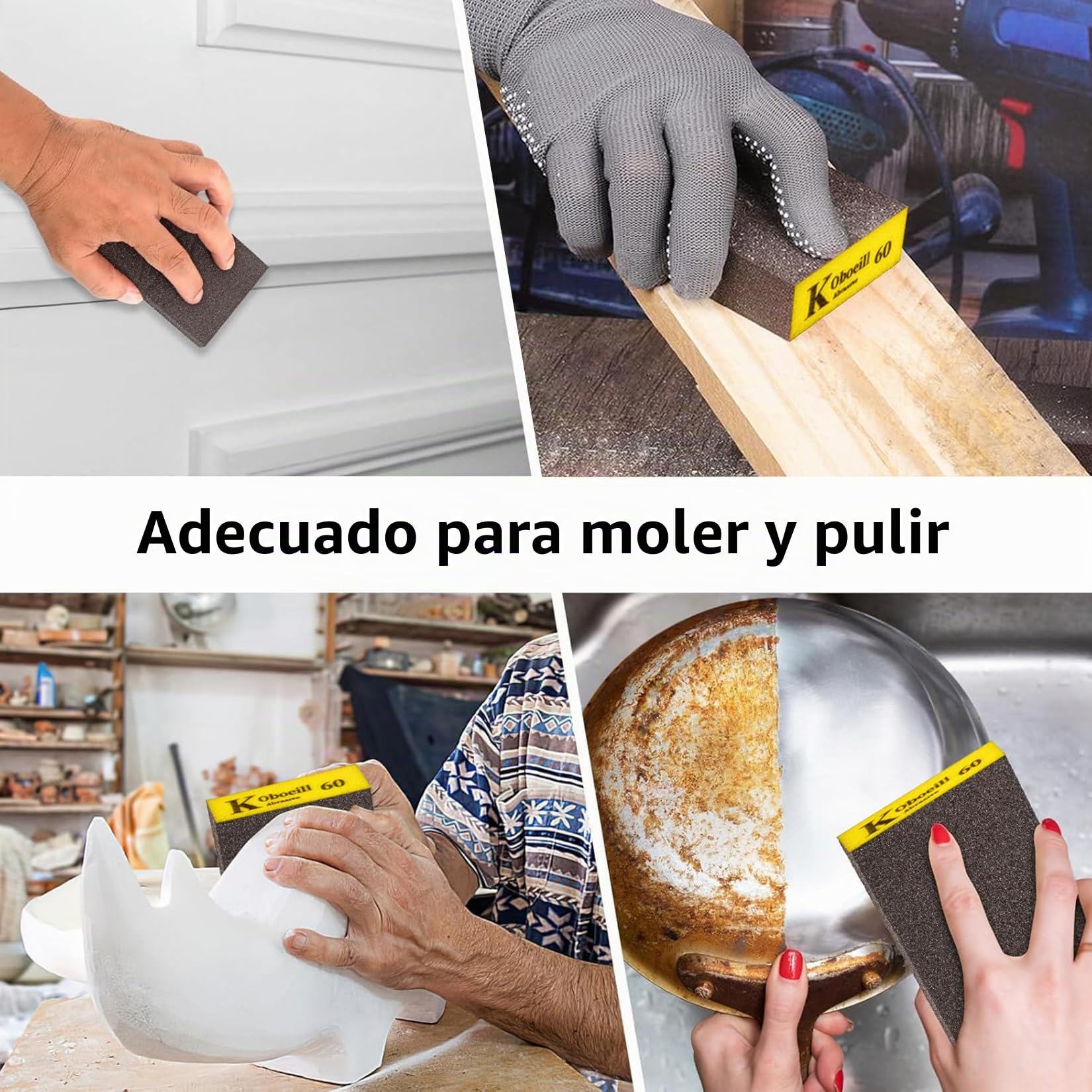 8 Pcs Esponjas de Lijado, Bloque de Lija de Grano 60/100/180/220, Almohadillas de Lija en Seco y Húmedo Flexibles Manual para Madera, Metal, Plástico, Muebles, Yeso, Paredes
