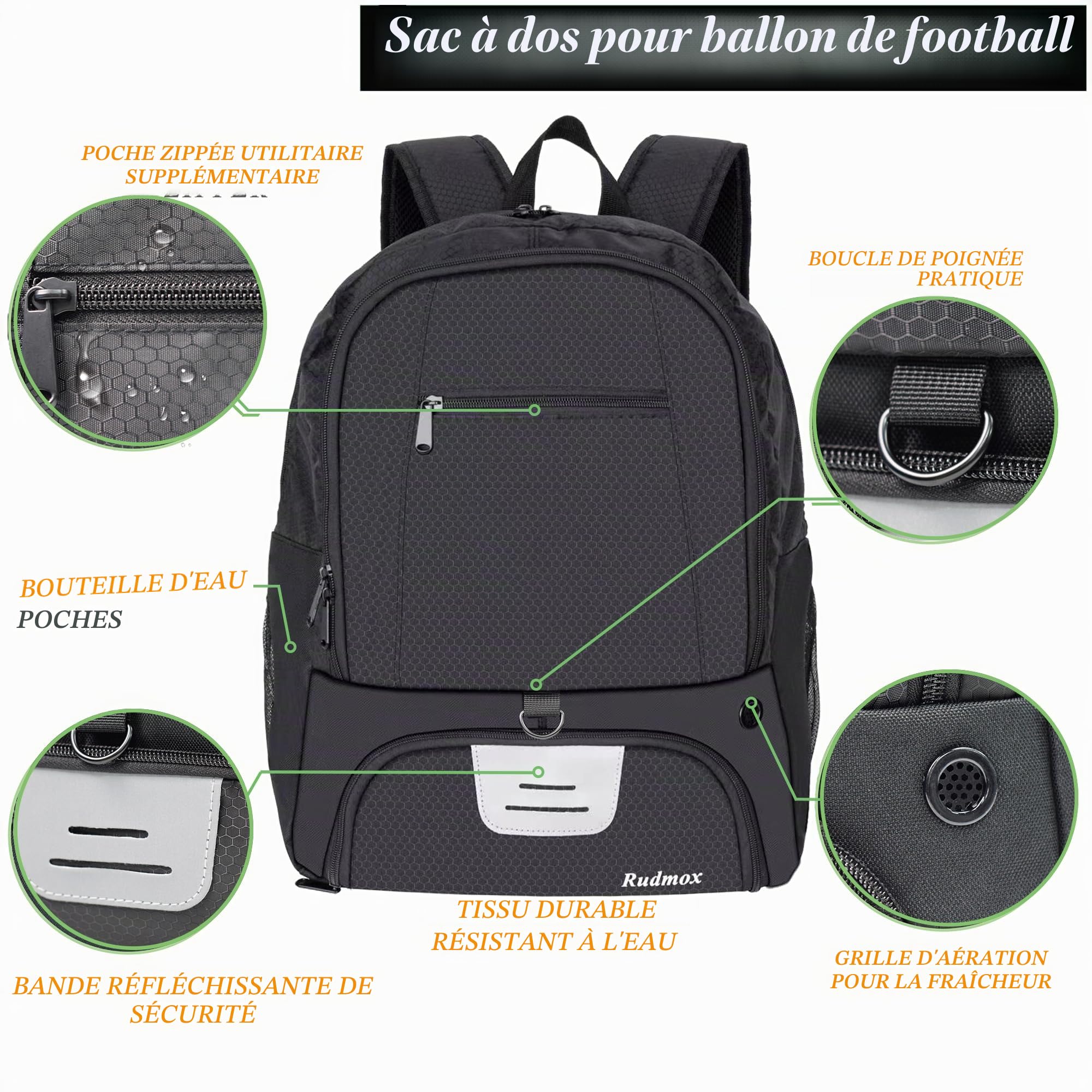 Sac à Dos pour Ballon de Football, Basketball, Football, Volley-Ball, Sac de Sport avec Crampons séparés et Compartiment pour Ballon et Pochette intérieure pour Ordinateur