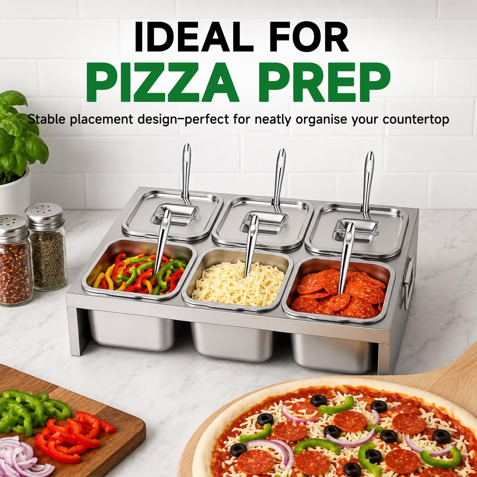 Contenitore Acciaio Inox per Alimenti 6 Pezzi da 2 L con Coperchi e Cucchiai – Cassetta Lievitazione Pizza per Condimenti, Salse e Verdure – Ideale per Cucina, Ristorante, Catering e Uso Outdoor