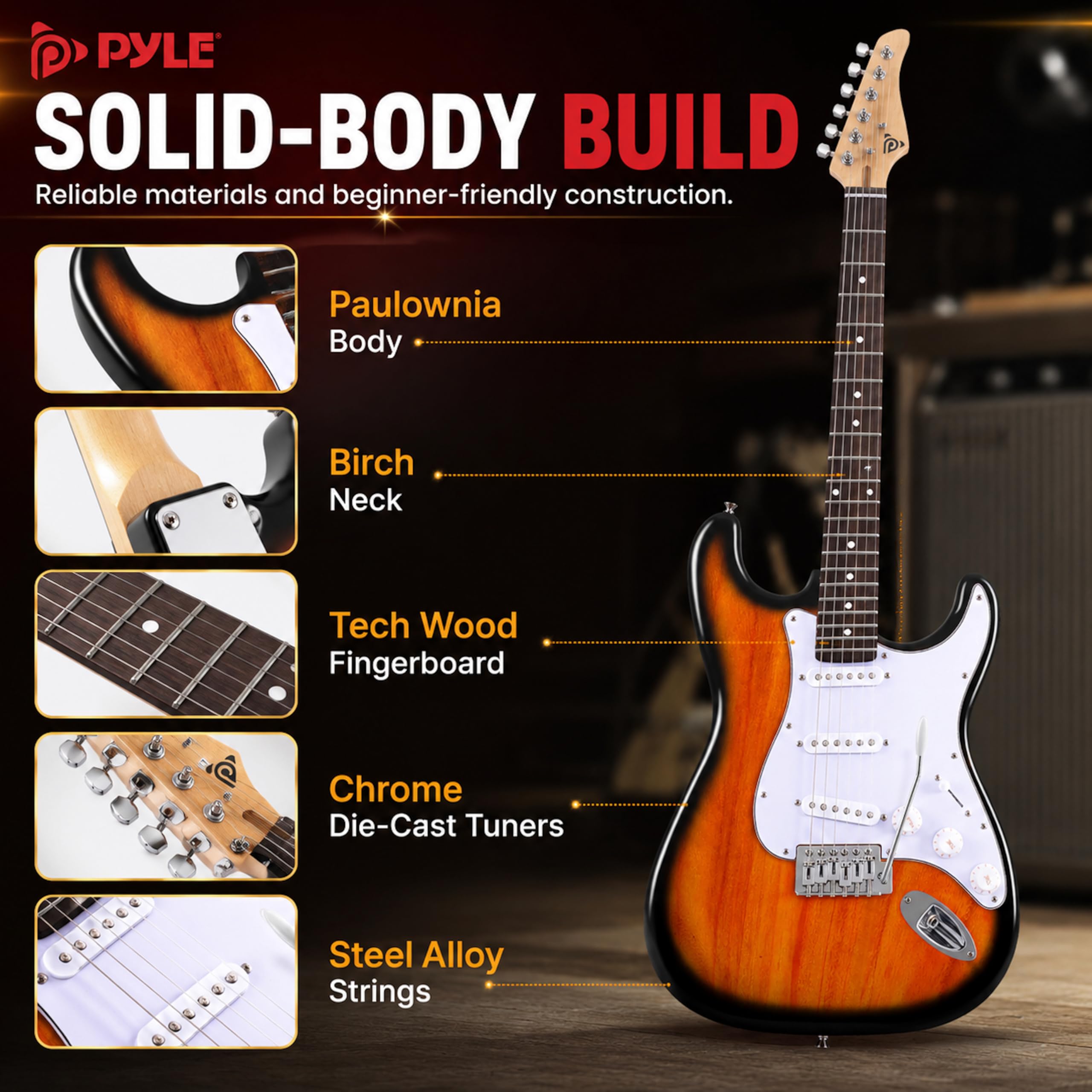 Pyle Guitare Électrique Taille Complète avec Ampli 5W – Pack Débutant Style ST, 22 Frettes, Corps en Bois, Étui, Sangle, Médiators et Cordes de Rechange - Sun Burst
