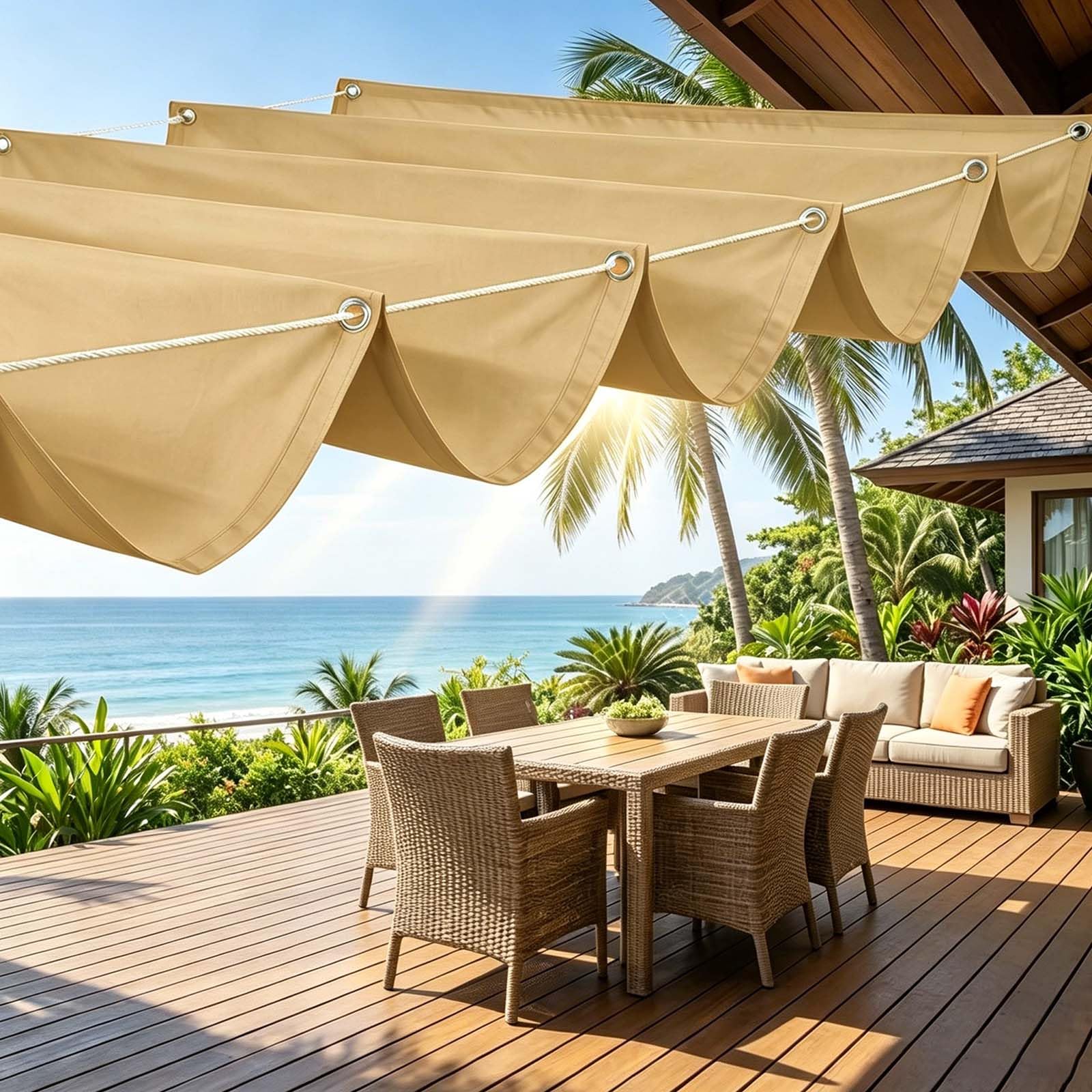 Vela Parasole Ondulata Retrattile 270 x 1150 cm Protezione Solare Schermo UV con Funi di Tensione Telo Ombreggiante Impermeabile Tenda Esterno Balcone per Serre Giardino, Giallo sabbia