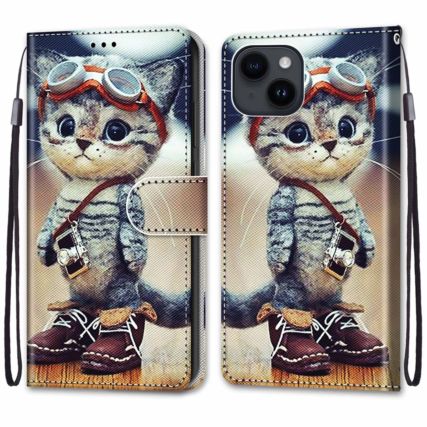 Unichthy For iPhone 15 Plus Case Flip PU Leather Shockproof Wallet Case with Stand Magnetic Money Pouch Folio Silicone Bumper Gel Protective Phone Cover for iPhone 15 Plus Explorer Cat