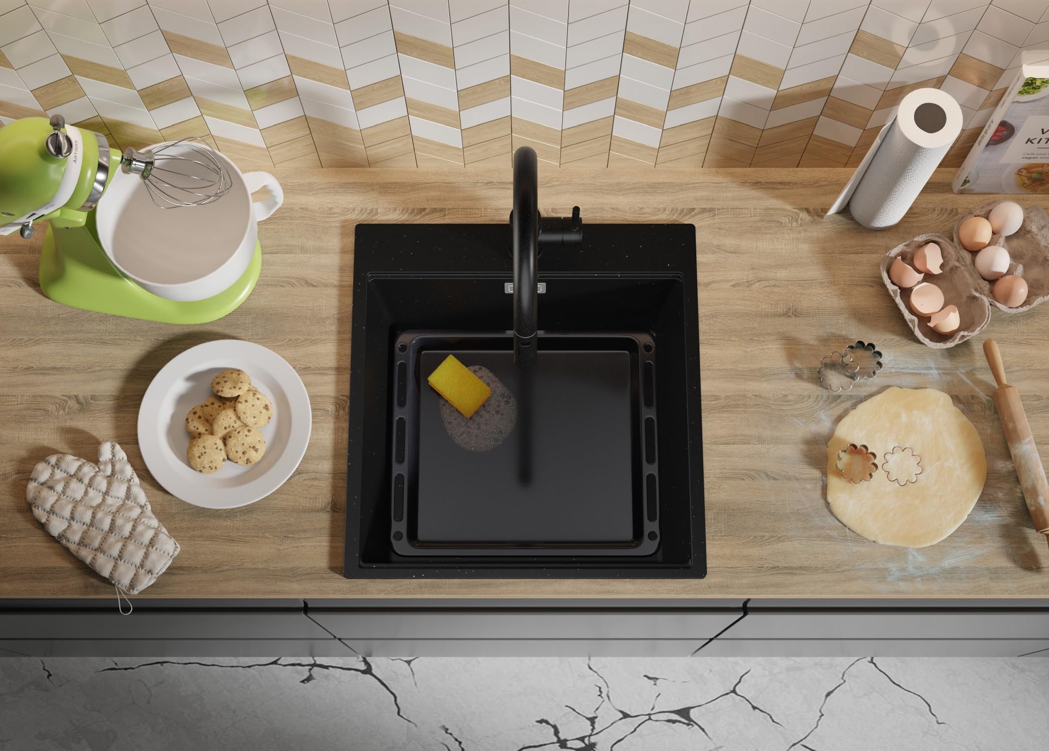 PRIMAGRAN Fregadero Cocina Negro Metallic - Oslo Top, 48x50cm | Granito 1 Seno + Zuberhor-Set, sobre Encimera al Mueble 50cm (S296)