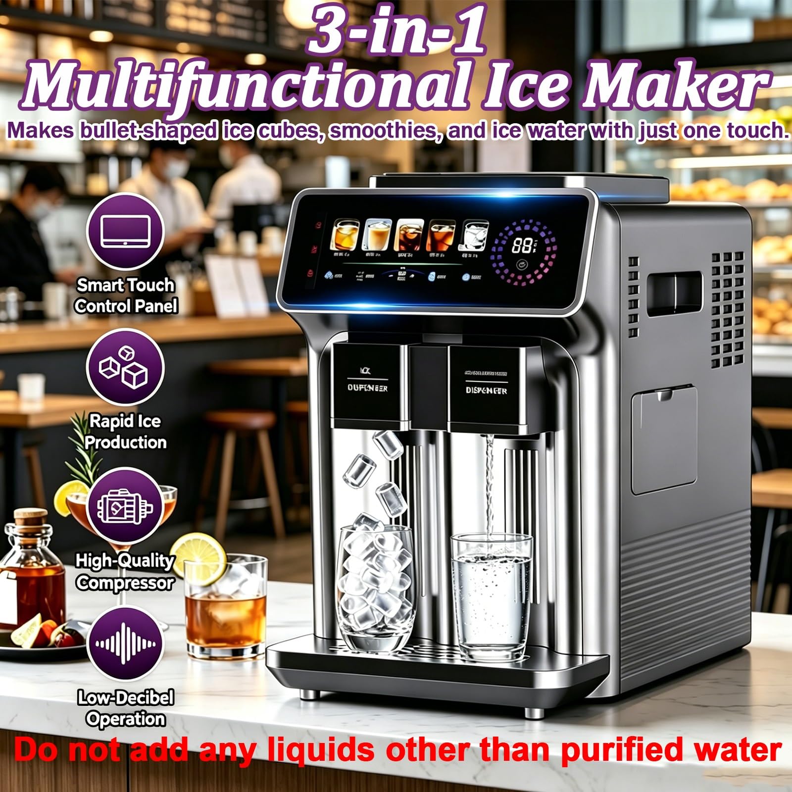 Macchina per il ghiaccio, 3 in 1, multifunzione per frullati e acqua ghiacciata, 120 W, design da banco con produzione di ghiaccio a un solo tocco, perfetta per ufficio e piccoli esercizi commerc