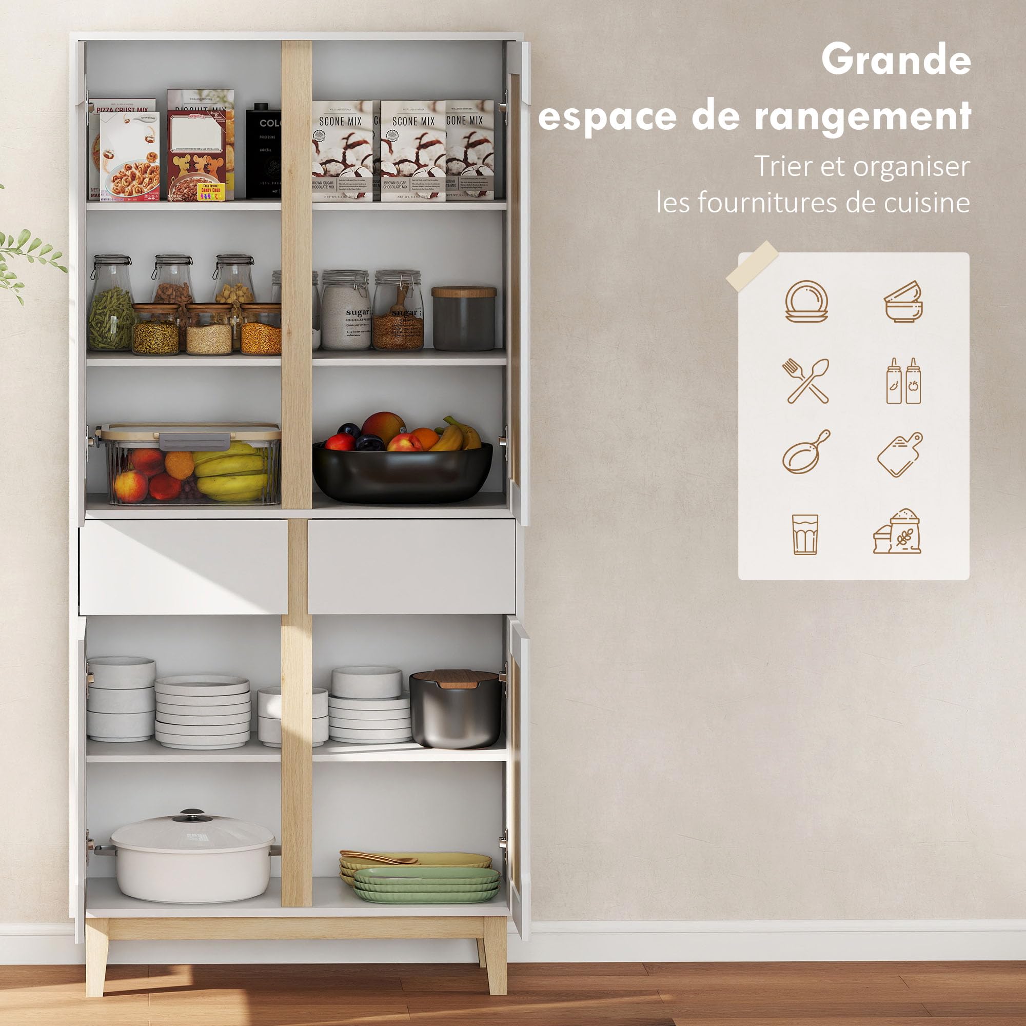 HOMCOM Buffet Haut Cuisine, Armoire de Cuisine, vaisselier, 6 Portes Dont 3 en Verre, 2 tiroirs, Plan de Travail, étagères réglables, Meuble de Rangement pour Salon Salle à Manger, 100x40x180cm, Noir