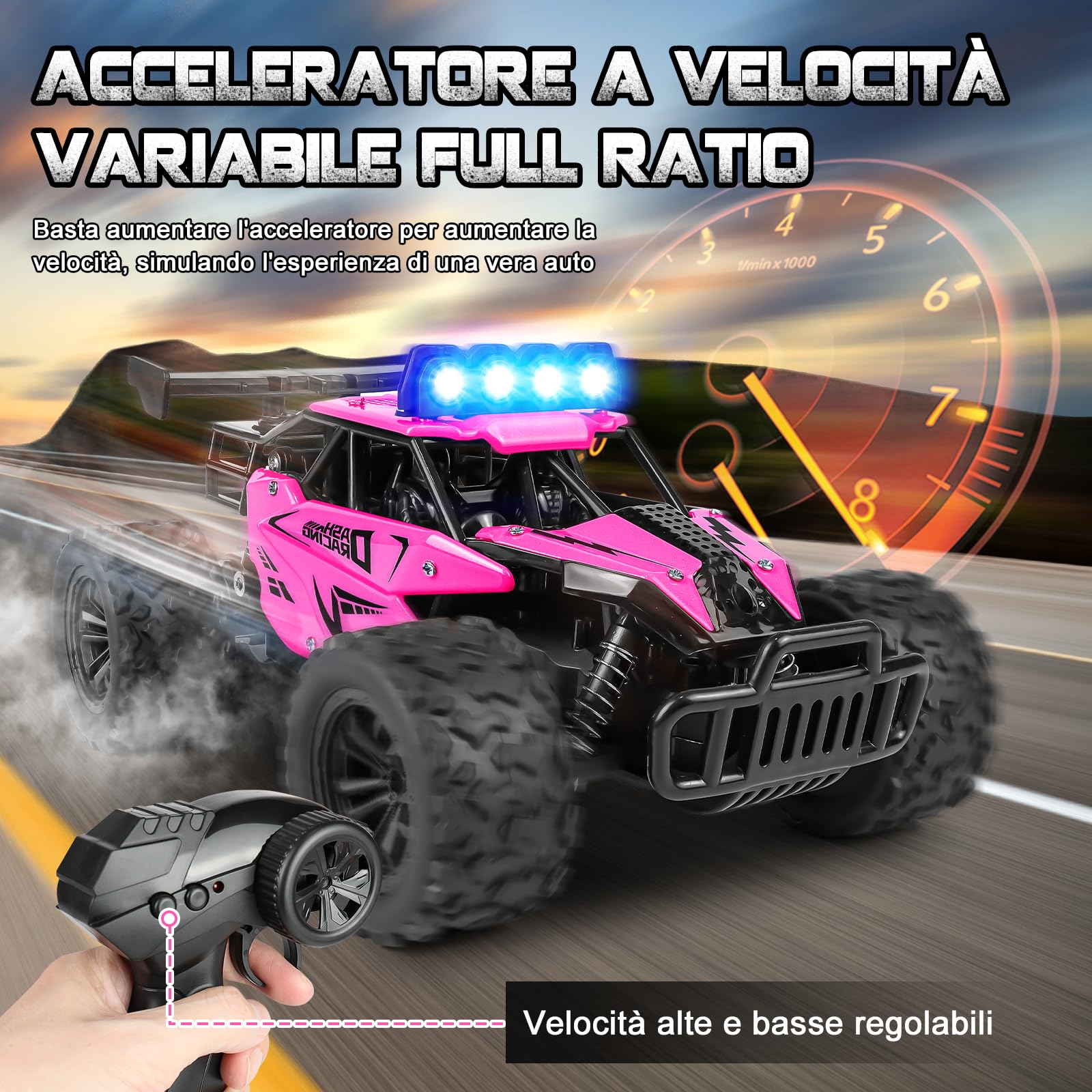 Joellfuner Macchina Telecomandata per Bambini, 2.4Ghz 1:16 Macchina Radiocomandata con Luce LED Quattro Colori, 20KM/H Monster Truck Telecomandato con marce alte e basse per bambini 3+ anni (Rosa)