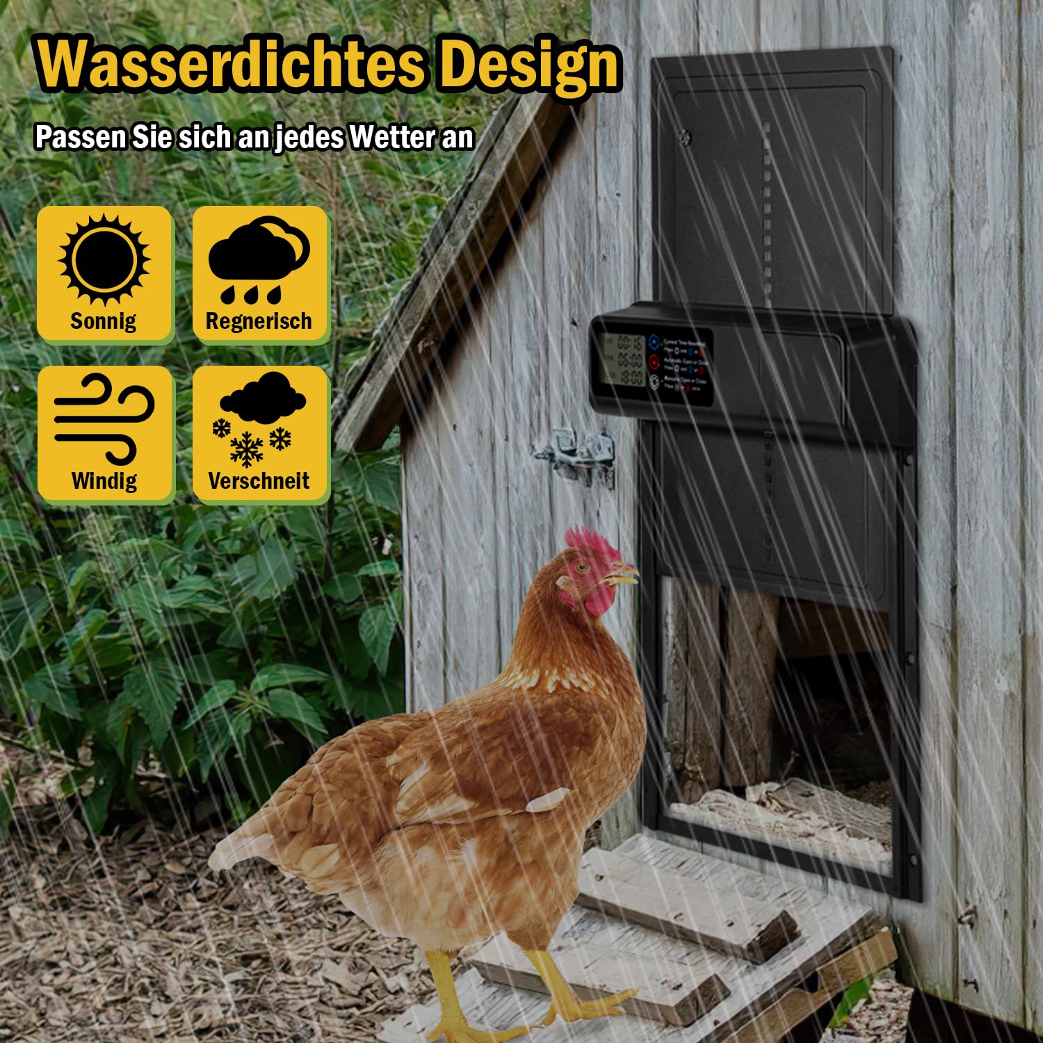 Chickcozy Automatische kippenhok, deuropener met timer, programmeerbare lichtsensor, LCD-scherm op batterijen, weerbestendig, batterijarm alarm (oranje
