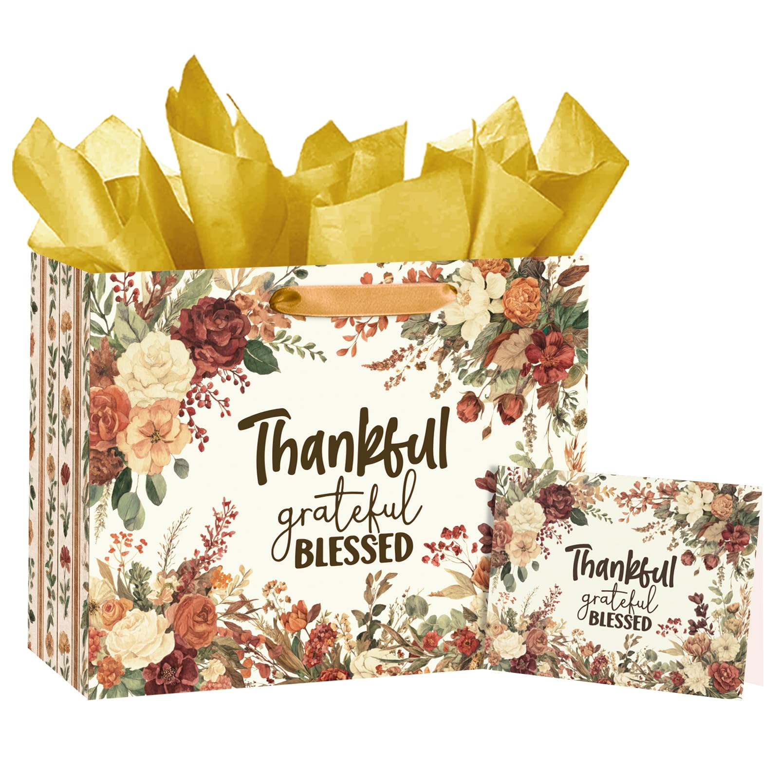 Loveinside 13" Large Gift Bag with Autumn Floral Prints, Featuring "Thankful Grateful Blessed" Theme for Thanksgiving, Harvest Celebrations, Friendsgiving, 13" x 5" x 10", 1 Count