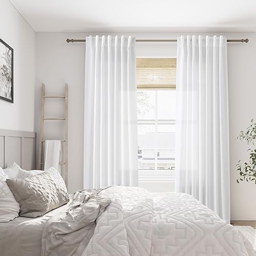 Miniatura 7 de Cortinas de lino blanco de 84 pulgadas, juego de 2 paneles con pestaña trasera larga, bolsillo para barra, cortinas semitransparentes para sala de