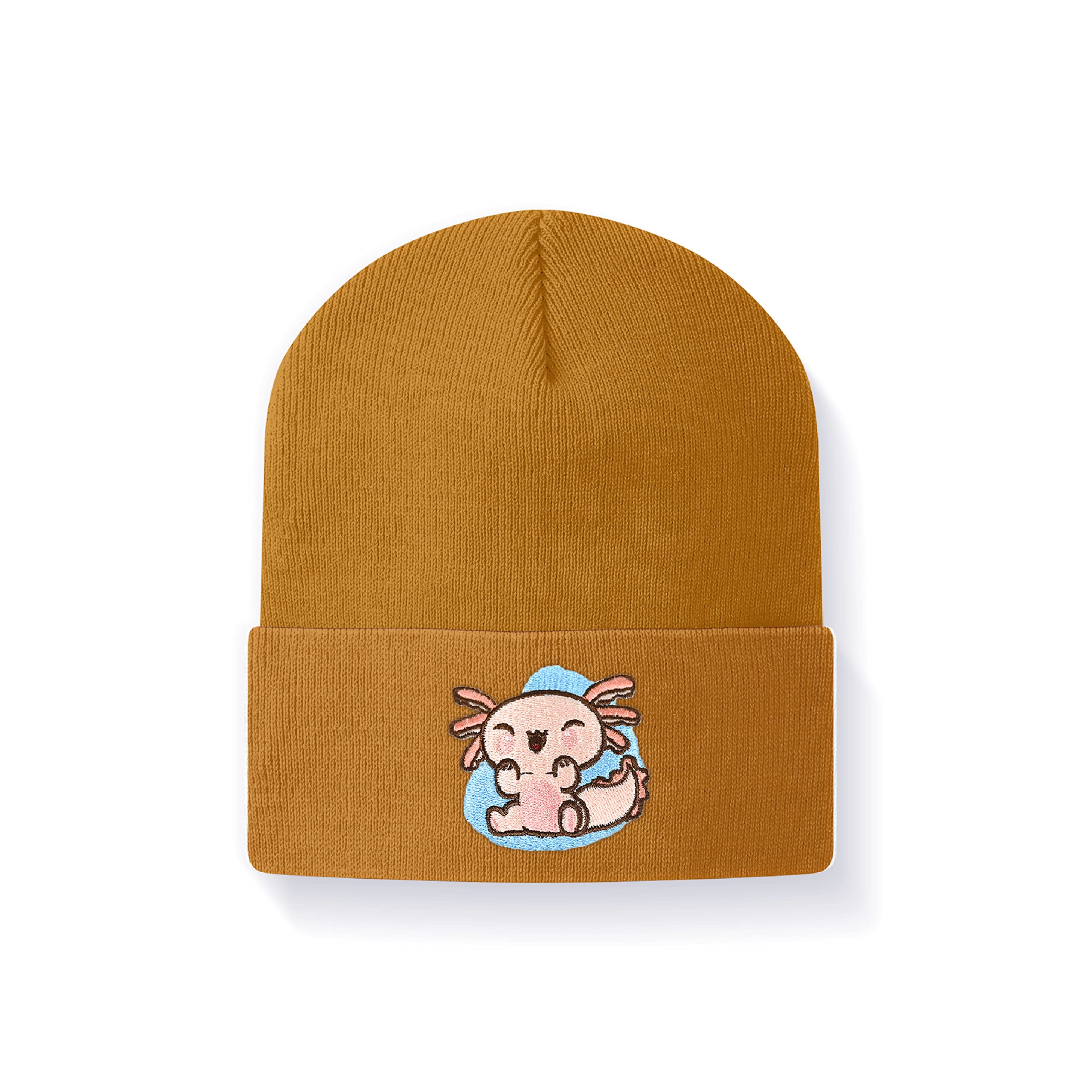 Ulikuwa Embroidery Acrylic Beanies Knit Hats for Women Men, Cute Pink Axolotl Winter Beanie Warm Skull Cap, Brown