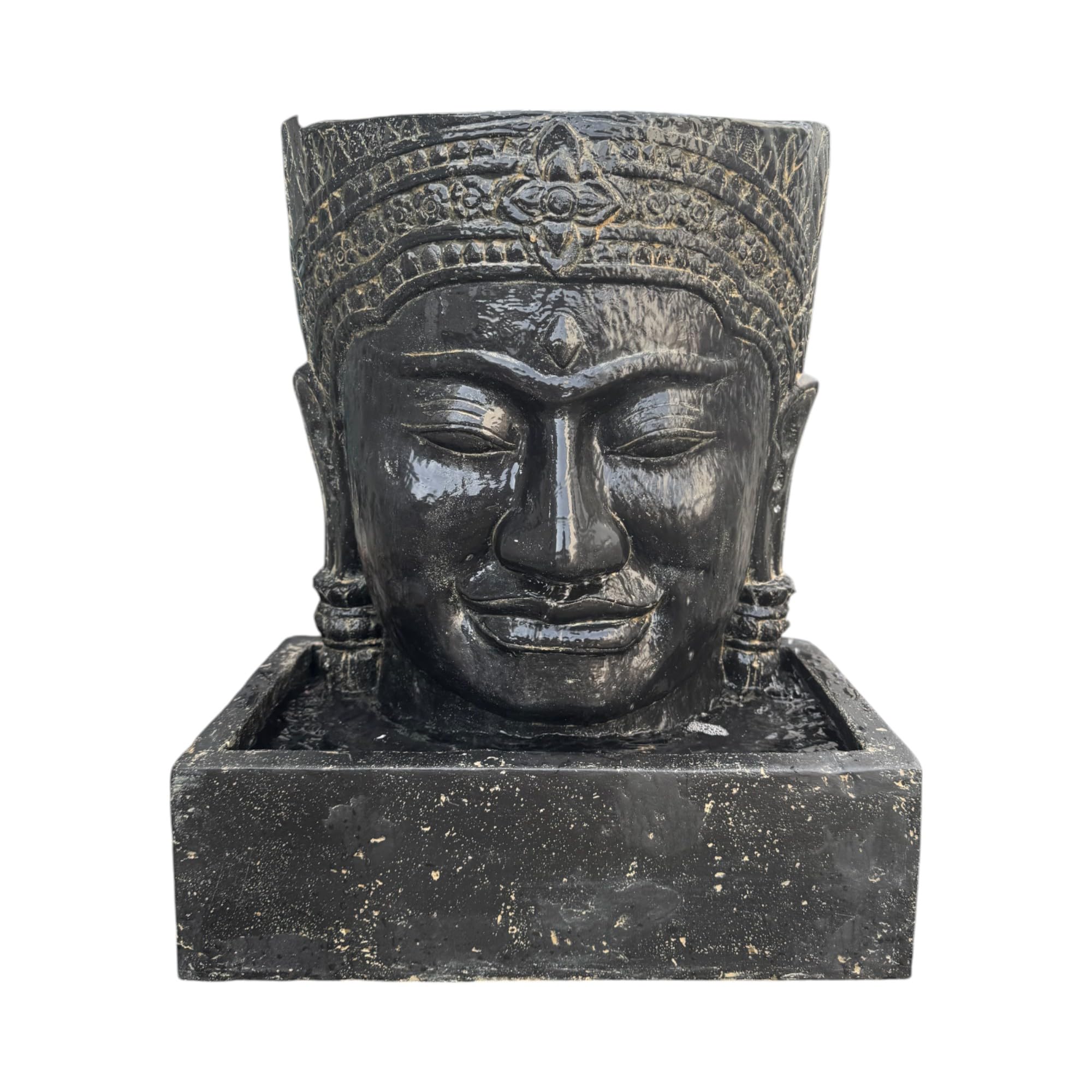 Khmer Kopf Springbrunnen - Buddha Wasserfall Steinguss Wasserspiel (HxBxT: 57x48,5x28cm) - Entspannende Gartendekoration im Asiatischen Stil
