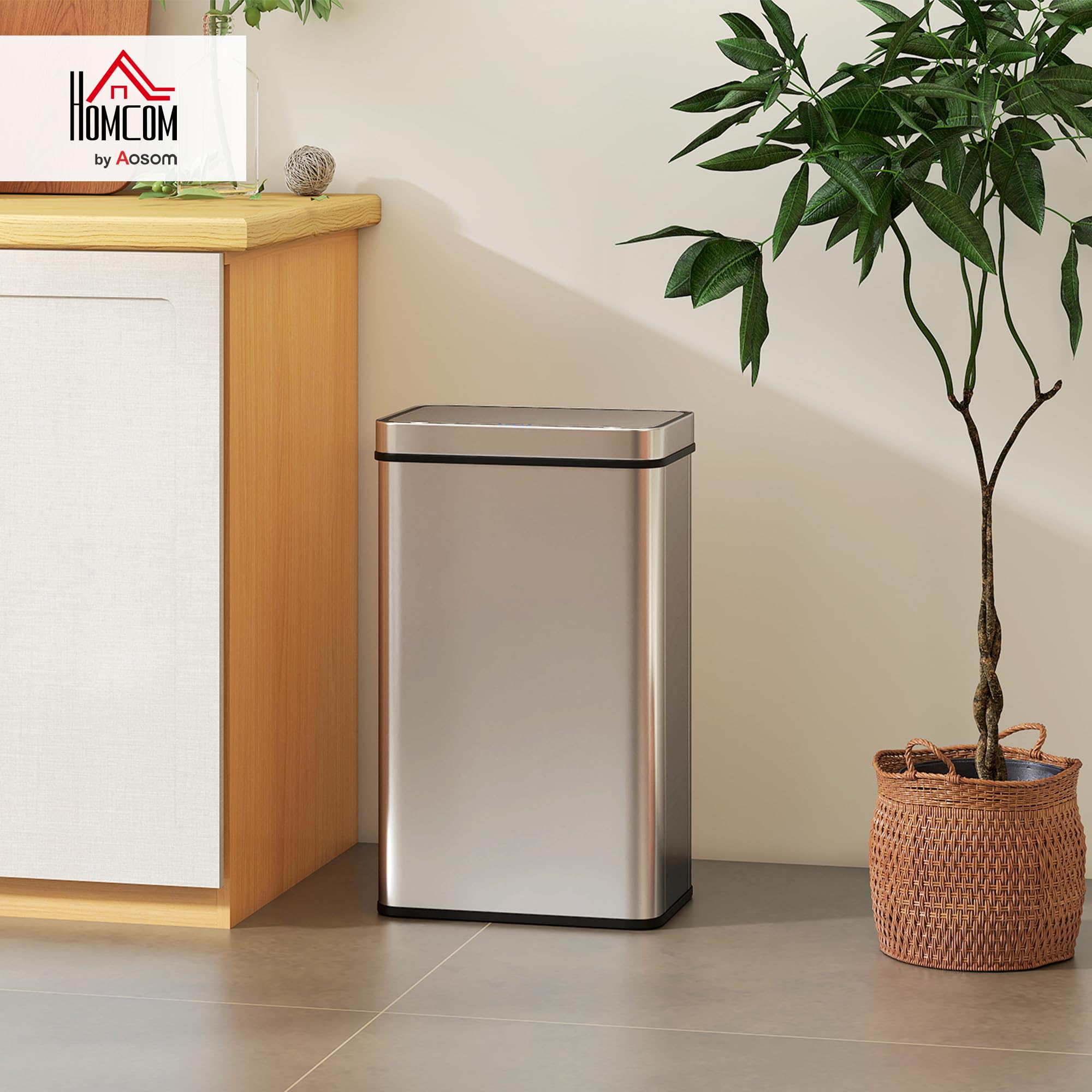 HOMCOM Mülleimer mit Sensor 60L Edelstahl Leiser Soft-Close-Deckel Silber | Automatischer Abfalleimer, Fingerabdruckresistente Mülleimer, Für Küchen, Büro, Schlafzimmer
