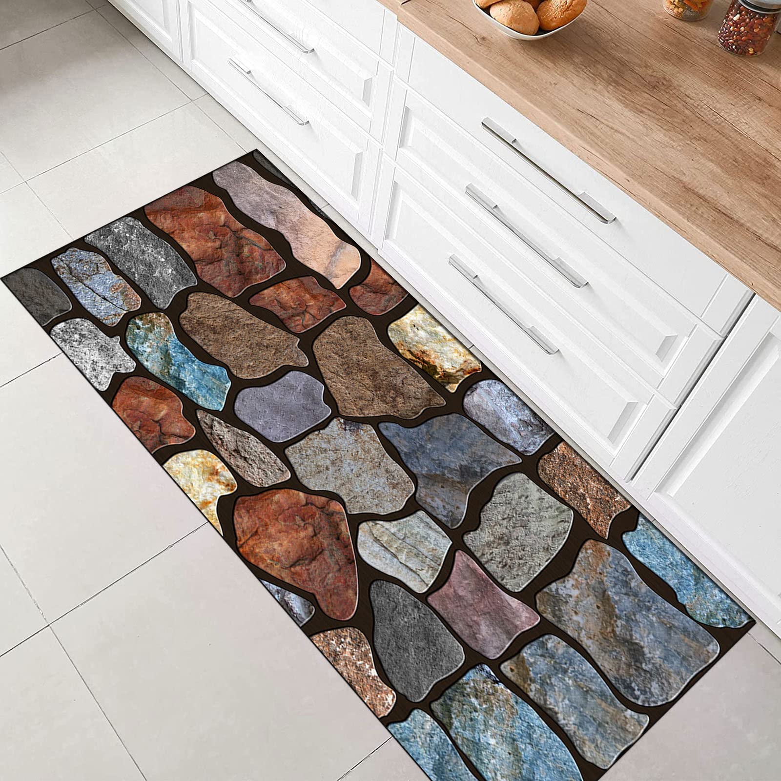 Läufer für Flur, rutschfest, waschbar, modern, Vintage, 3D, bunt, Stein-Patchwork-Teppich für Eingangsbereich, Küche, Büro oder Hotel-Lobby
