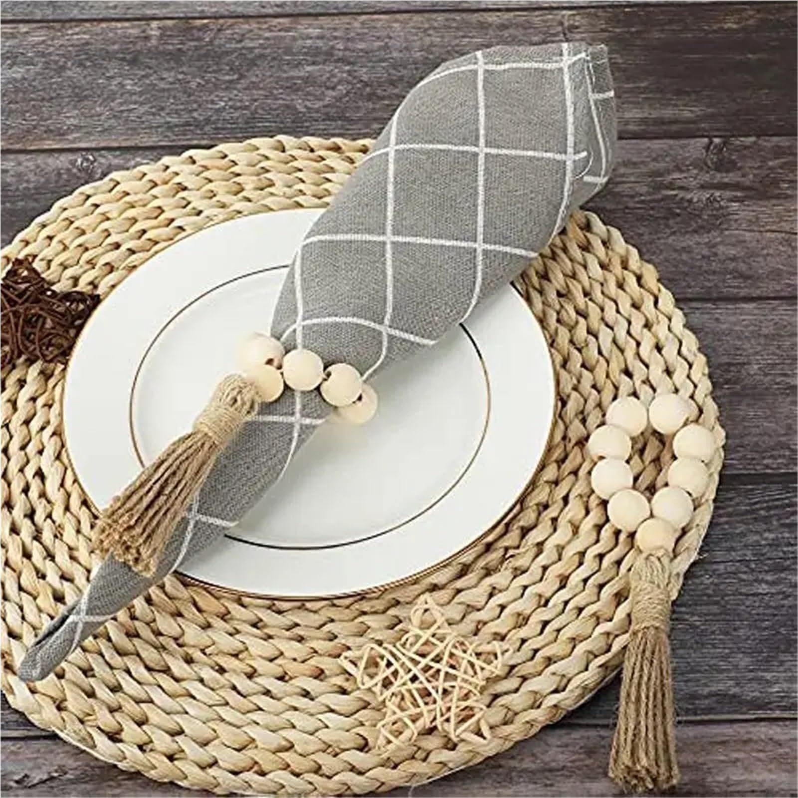 Portatovaglioli 30PCS perline di legno anelli portatovaglioli ghirlanda con nappe perline fattoria rustico tavolo rustico portatovaglioli matrimonio casa boho Decor