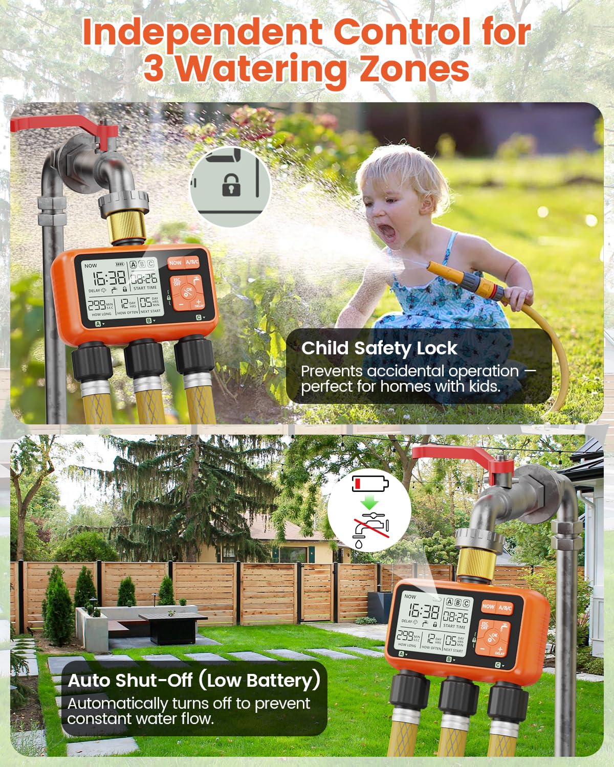 Timer per irrigatore a 3 zone con ingresso in ottone Timer dell'acqua per tubo da giardino Regolatore programmabile del rubinetto del tubo flessibile con controllo della zona indipendente Ritardo