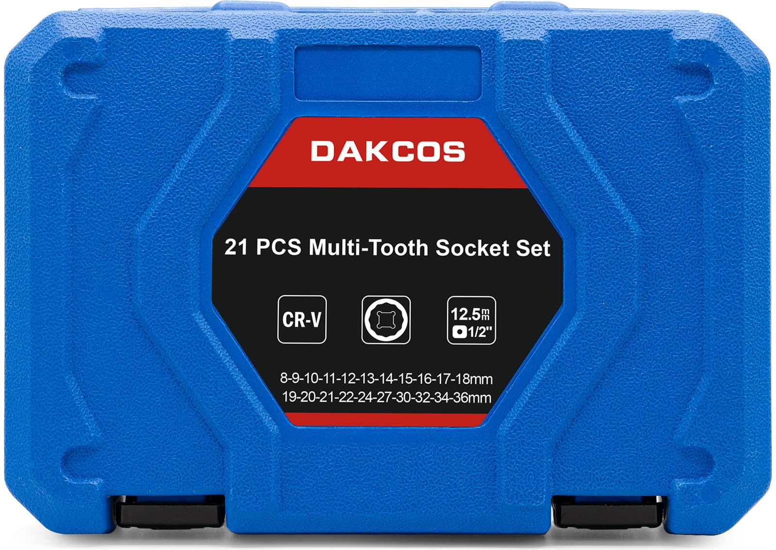 DAKCOS 21-częściowy zestaw kluczy nasadowych z wielozębami 1/2 cala do 12-kątów, metryczny zestaw nasadek 8-36 mm XZN, CR-V