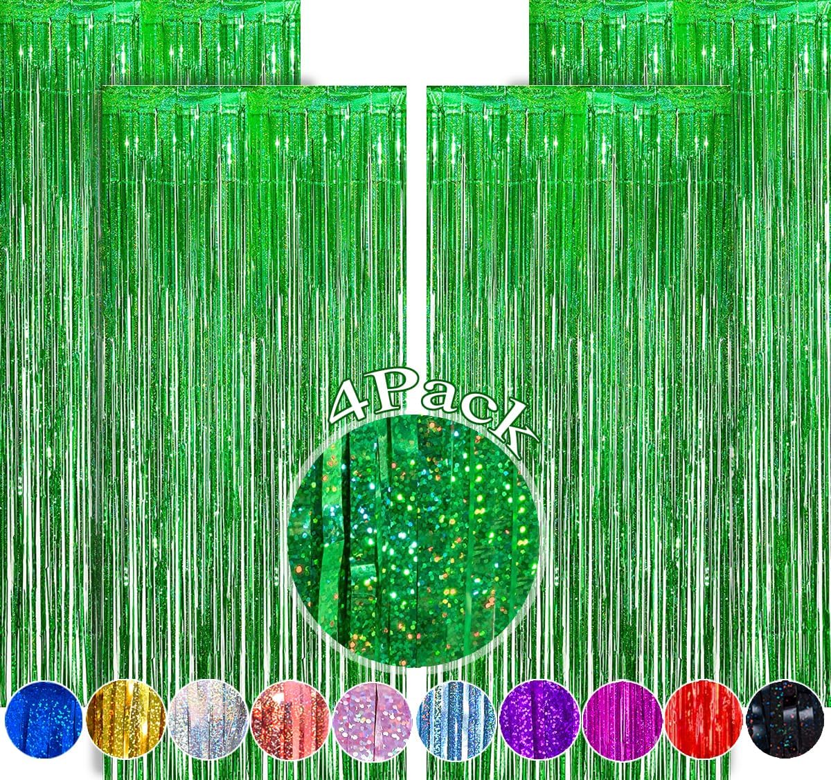 4 Pack Green Tinsel Backdrop 12.8x8.2 Feet Sparkle Metallic Tinsel Foil Fringe Curtain, Green Fringe Backdrop Curtain Door Streamers for Birthday