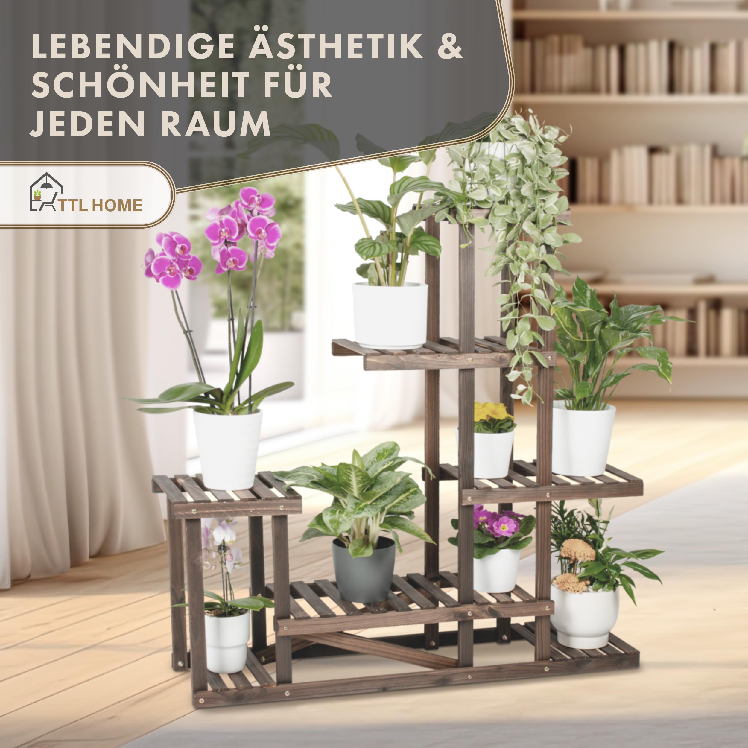 Pflanzenregal SKYLINE 2er Set - 96 x 97 x 25 cm Natur Holz braun | - Pflanzentreppe Blumenbank 96cm hoch 7 Plattformen auf 5 Ebenen Blumenregal Regal Blumentreppe innen & außen Balkon Terrasse