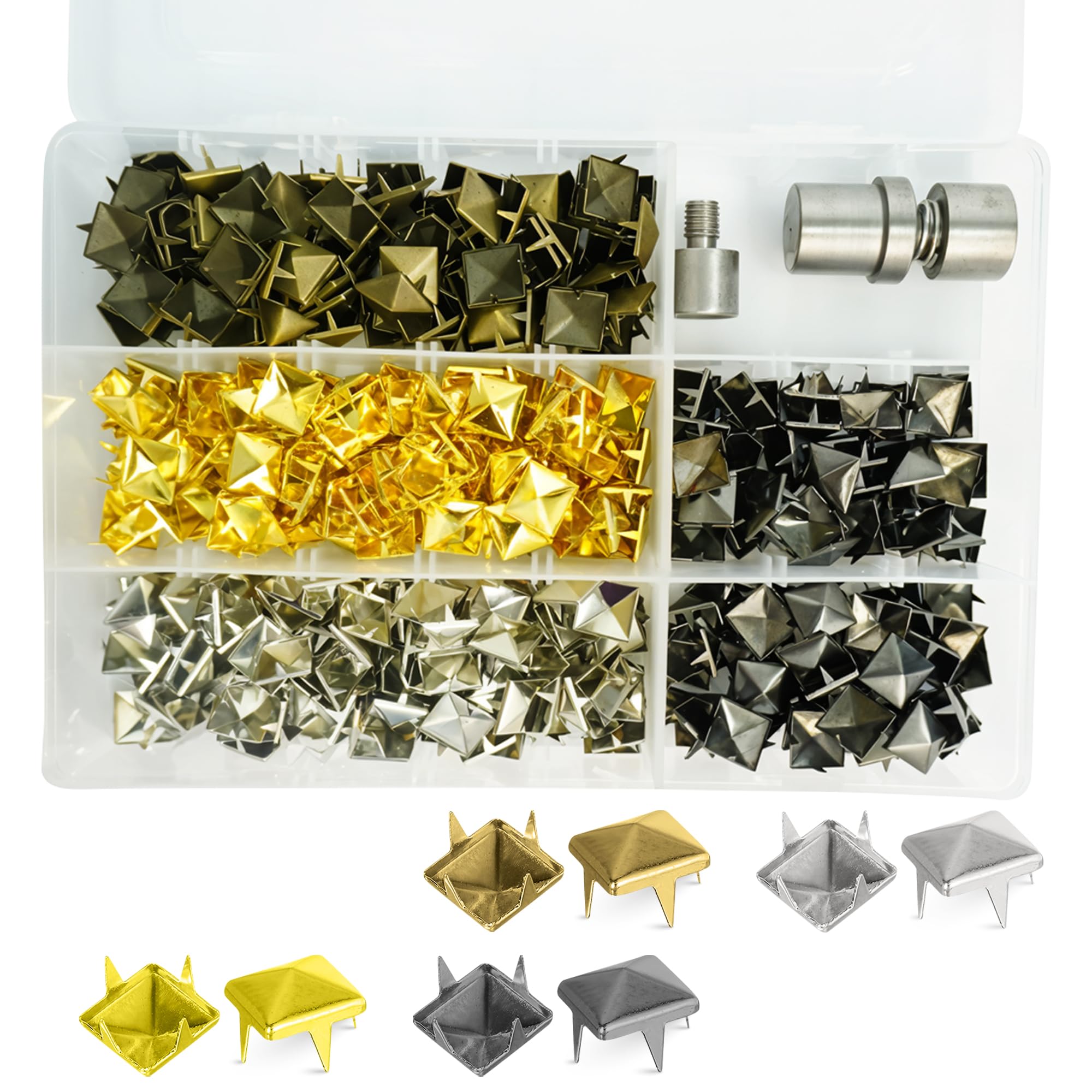 Trimming Shop Juego de tacos y troqueles de pirámide de metal de 12 mm, kit de 400 piezas para chaquetas, bolsos, ropa, manualidades, para prensa de máquina verde con caja de almacenamiento