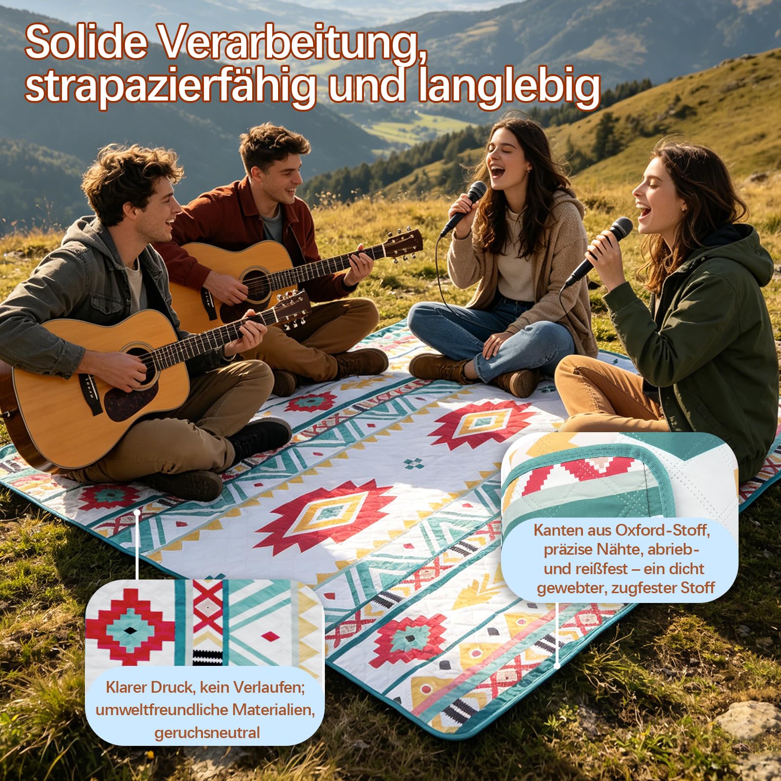 Couverture de pique-nique 200 x 200 cm – Couverture de plage XXL, imperméable et isolée, respirante et douce, tapis de pique-nique et tapis de plage pour camping, plage et pique-nique
