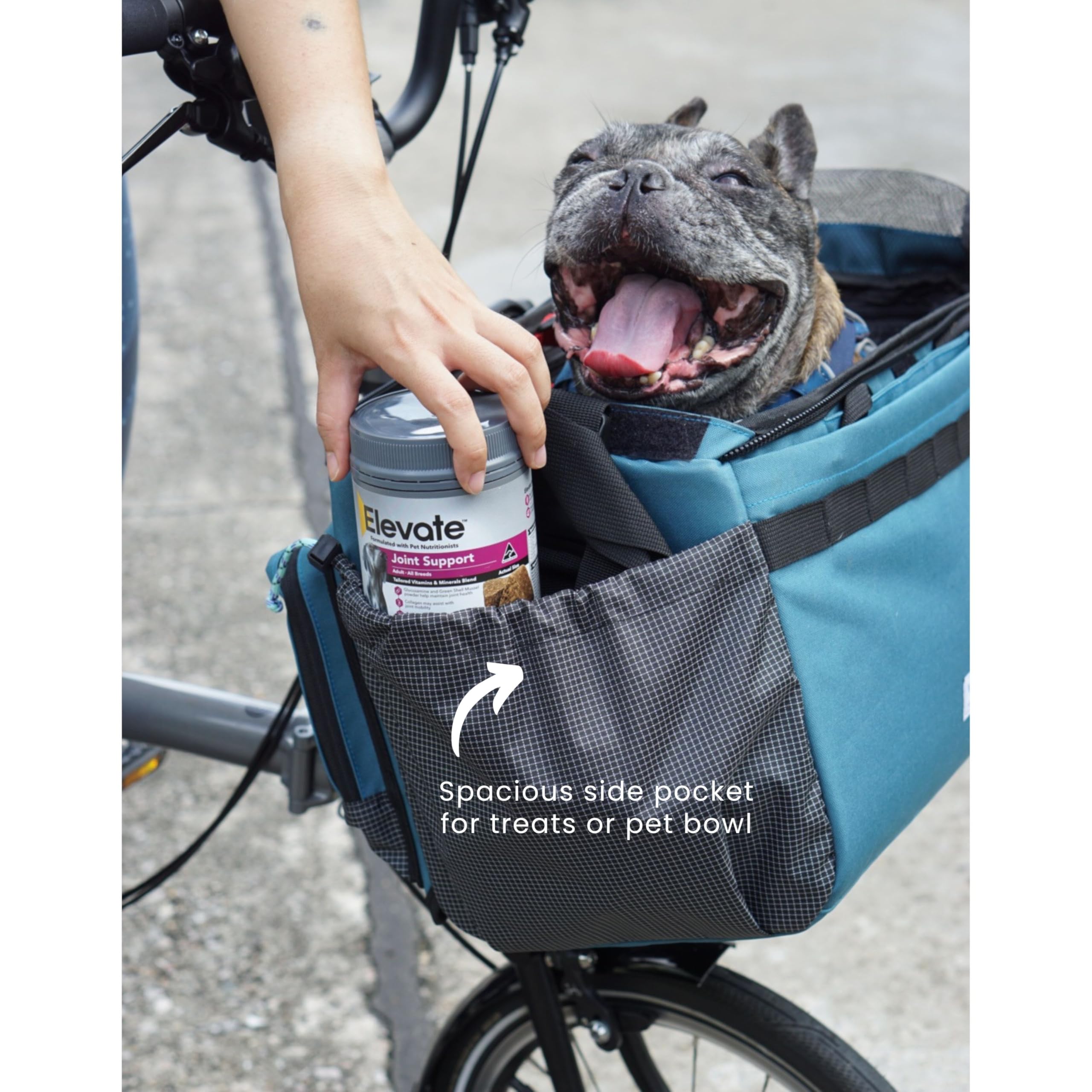 Vincita Caddy - Cesta para mascotas para bicicleta Brompton - Transportador cómodo y seguro con marco de aluminio, cubierta de malla, correa ajustable y bolsillos laterales. Compatible con el bloque