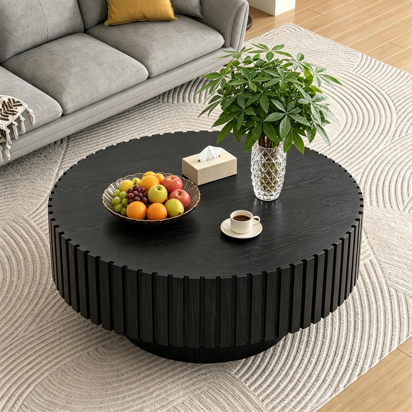 80CM Round Fluted Coffee Table Modern Wood Drum Coffee Table with Sturdy Pedestal, Handcrafted Relief Tea Table Circle Cocktail Table Center Table for Living Room, Small Space (Round Black 80CM)