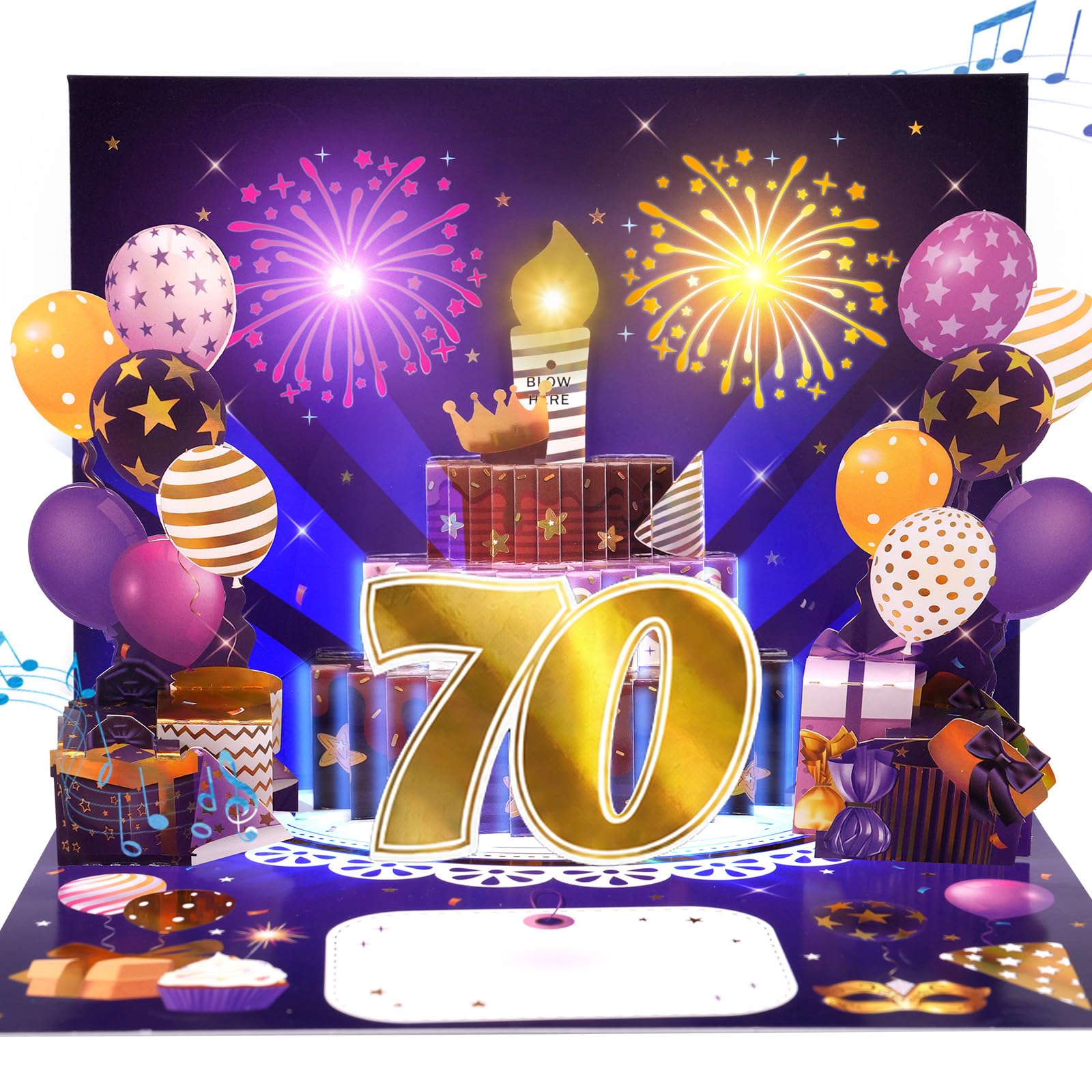 70th Musical Birthday Card, 3D Light-up Birthday Card for 70th Women, Men | Pop Up Cake Happy Birthday Card w Firework Lights & Blowable Candle for 70 year-old Mum, Dad, Grandma, Grandpa, Nan