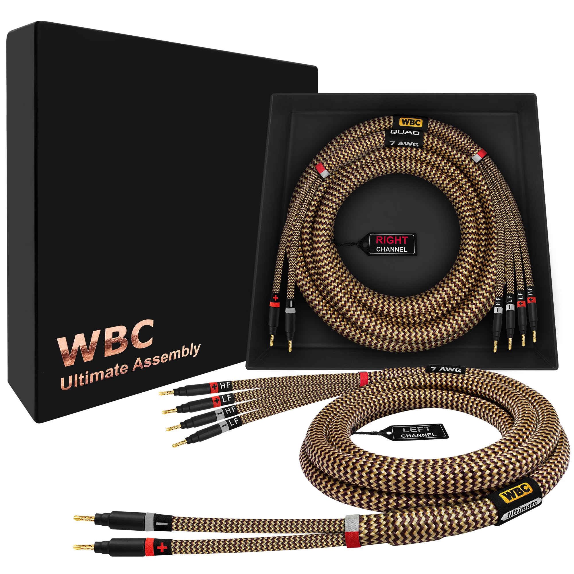 WORLDS BEST CABLES 10 Foot Ultimate - 7 AWG - Ultra-Pure OFC – Extra Premium Audiophile HiFi Bi-Wire Speaker Cable Pair with Eminence Gold Banana Plugs & TnBrwn Tweed Jacket