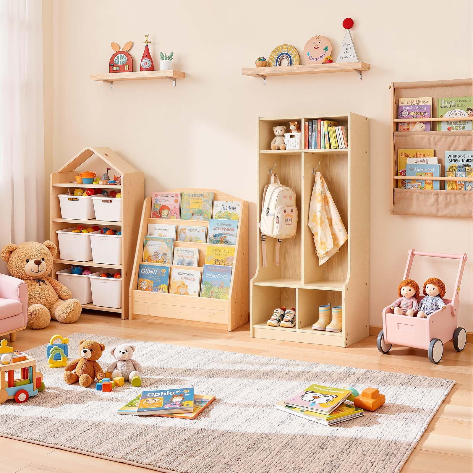 VEVOR Vestiaire 2 Enfants Ouvert, Penderie pour Enfants en Bois, Rangement pour Crèche Maternelle Garderie Maison, Meuble d'accueil Scolaire avec Casiers à Manteaux et à Chaussures, Cases Supérieures