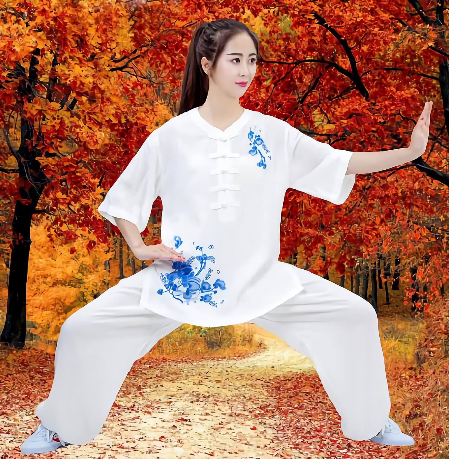 Odzież Qigong Kobiece lato, elegancka letnia lniana bawełniana Linentai Chi z krótkim rękawem, spodnie Taichi Quan Lantern Odzież do ćwiczeń Ubrania Haft Niebieski-XXL