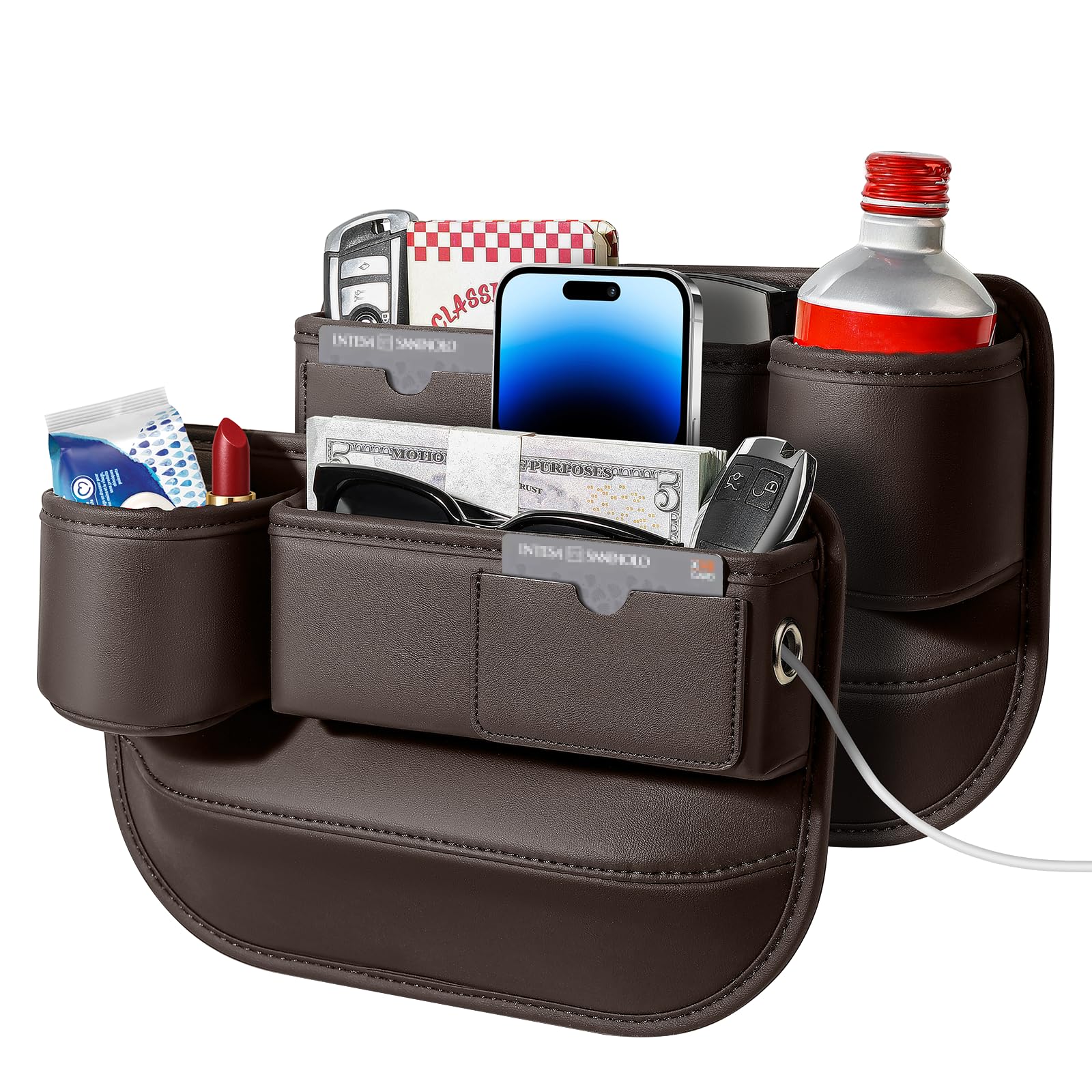 Photo 1 of 2 PACK Universal Car Seat Gap Filler Organizer with Small Cup Holder, Leather Center Console Organizer with Card Slot for Car Suv Truck, Prevent Phone or Key Falling, Brown
