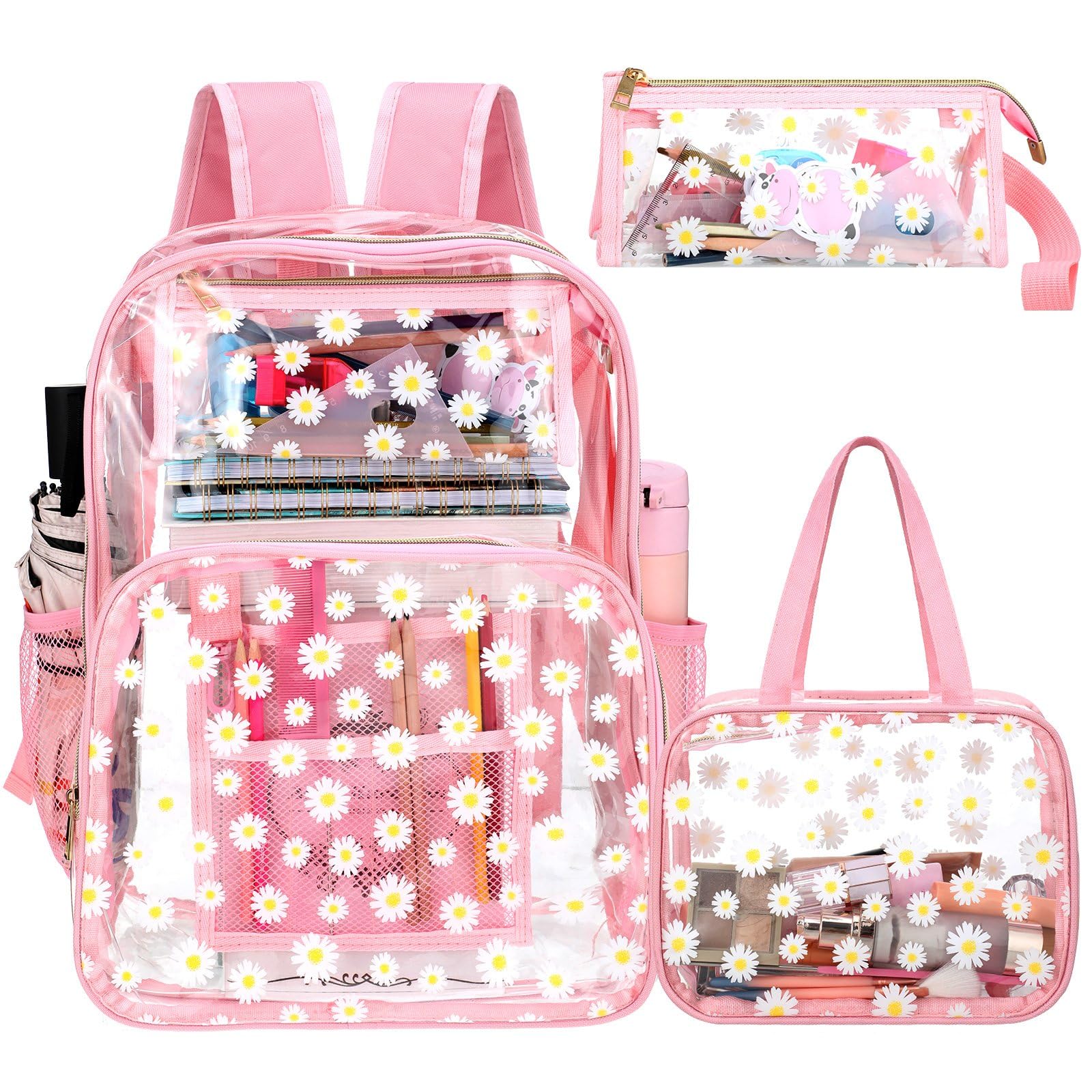 Kacctyen 3 Pcs Clear Backpack Heavy Duty Clear Bookbag Transparent Backpack with Lunch Bag(Pink,Daisy)