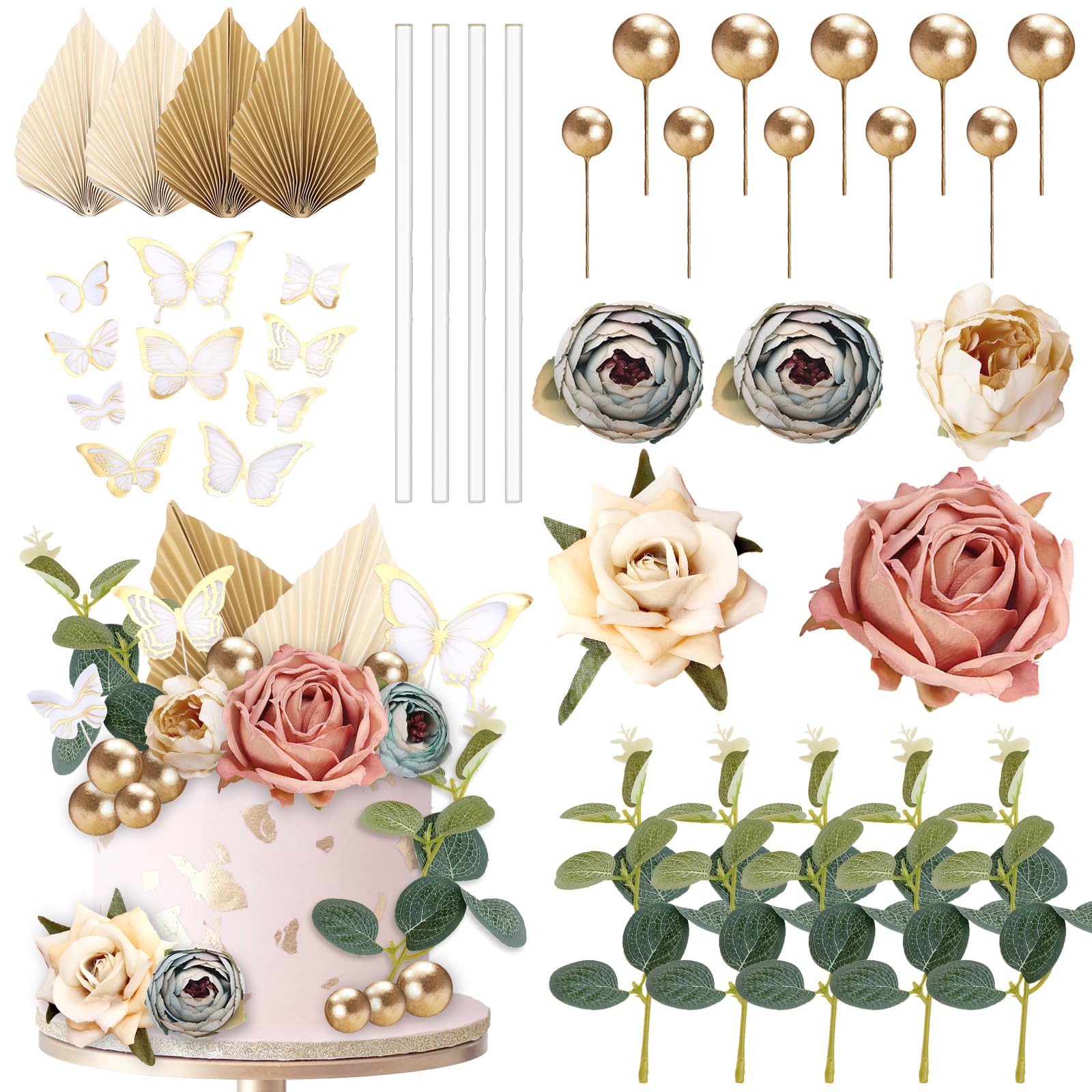 Soleeya 34 PCS Boho Cake Topper Decorations Flowers Vintage Fake Floral Cake Decorations with Butterflies Balls Fans, Toppers Decorating for Birthday