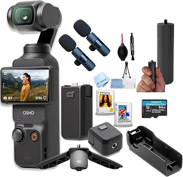 DJI Osmo Pocket 3, 4K/120fps Vlog Camera, 3-Axis Stabilization, Face/Object Tracking, + 64GB Memory, 2pc Mic, Battery, Hand Grip Software + More Power Vlogging Bundle