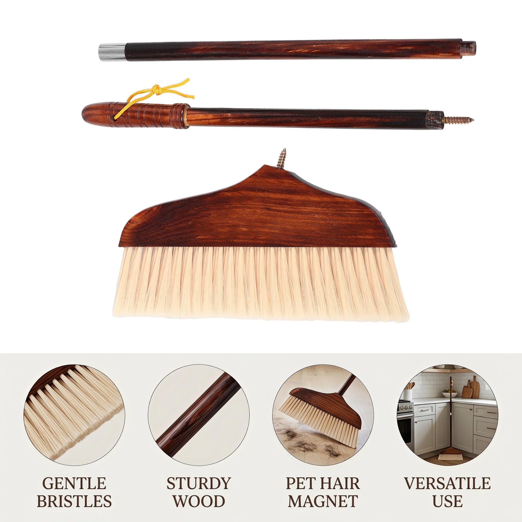 INOOMP Scopa Wood Home con setole morbide, manico lungo, colore marrone.